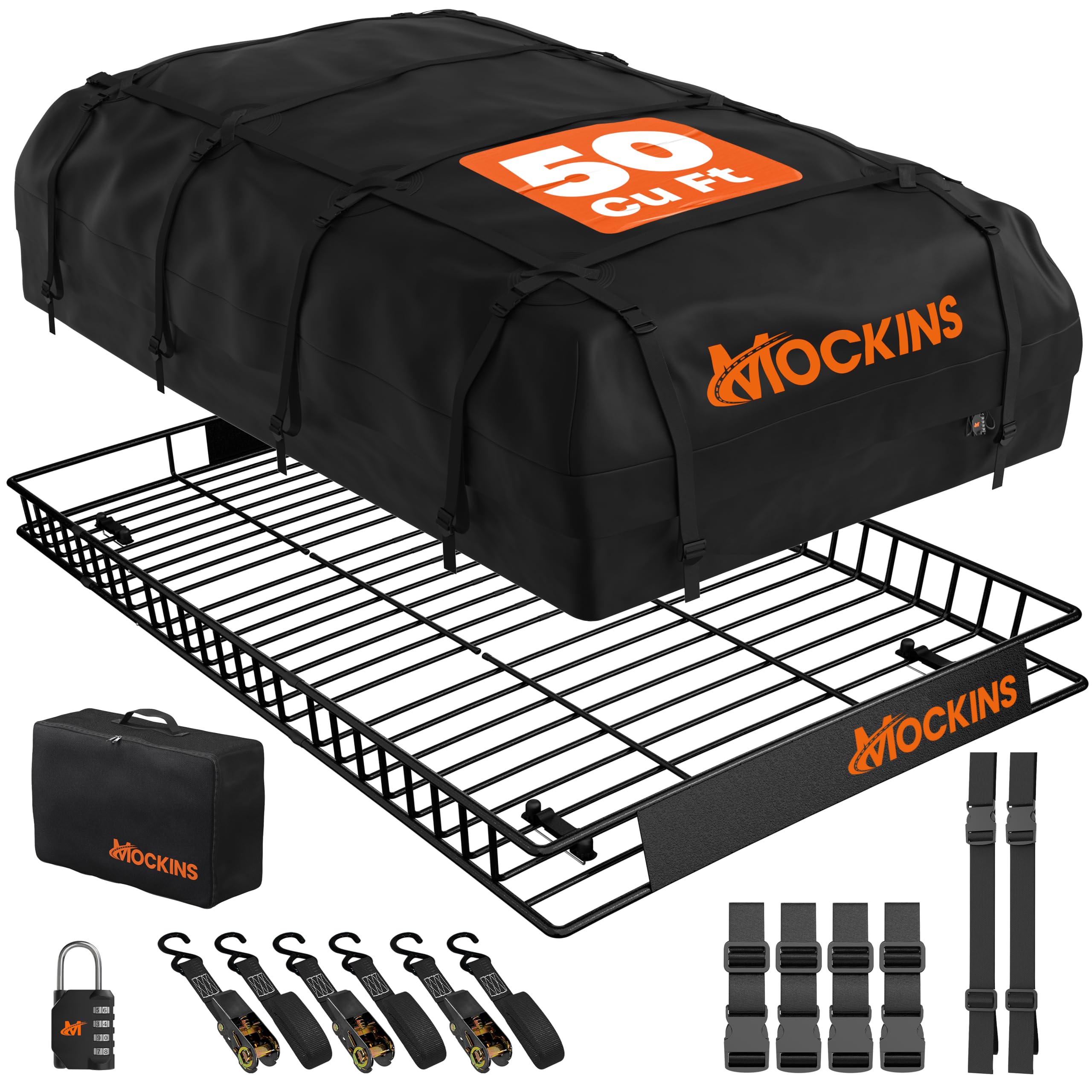 Mockins XXL 90x50x6 Heavy Duty Roof Rack Cargo Carrier for Top of Vehicle w/50 CuFt Waterproof Rooftop Cargo Bag | Weatherproof 