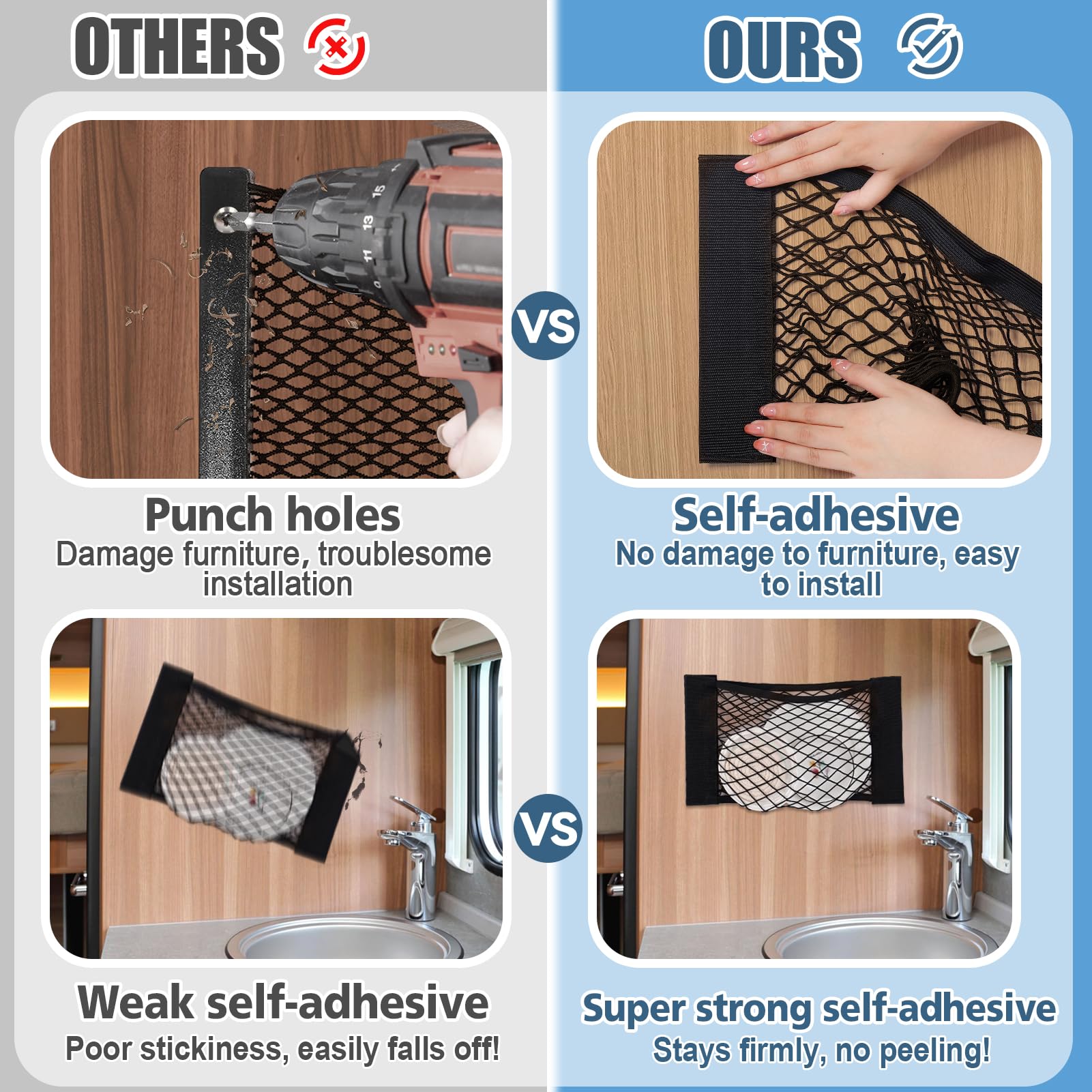 Bigmeta 4PCS RV Cargo Storage Mesh Net, Elastic Stretchable Netting Pocket with 8 Adhesive Strip Wall Sticker for SUV, Truck(17.