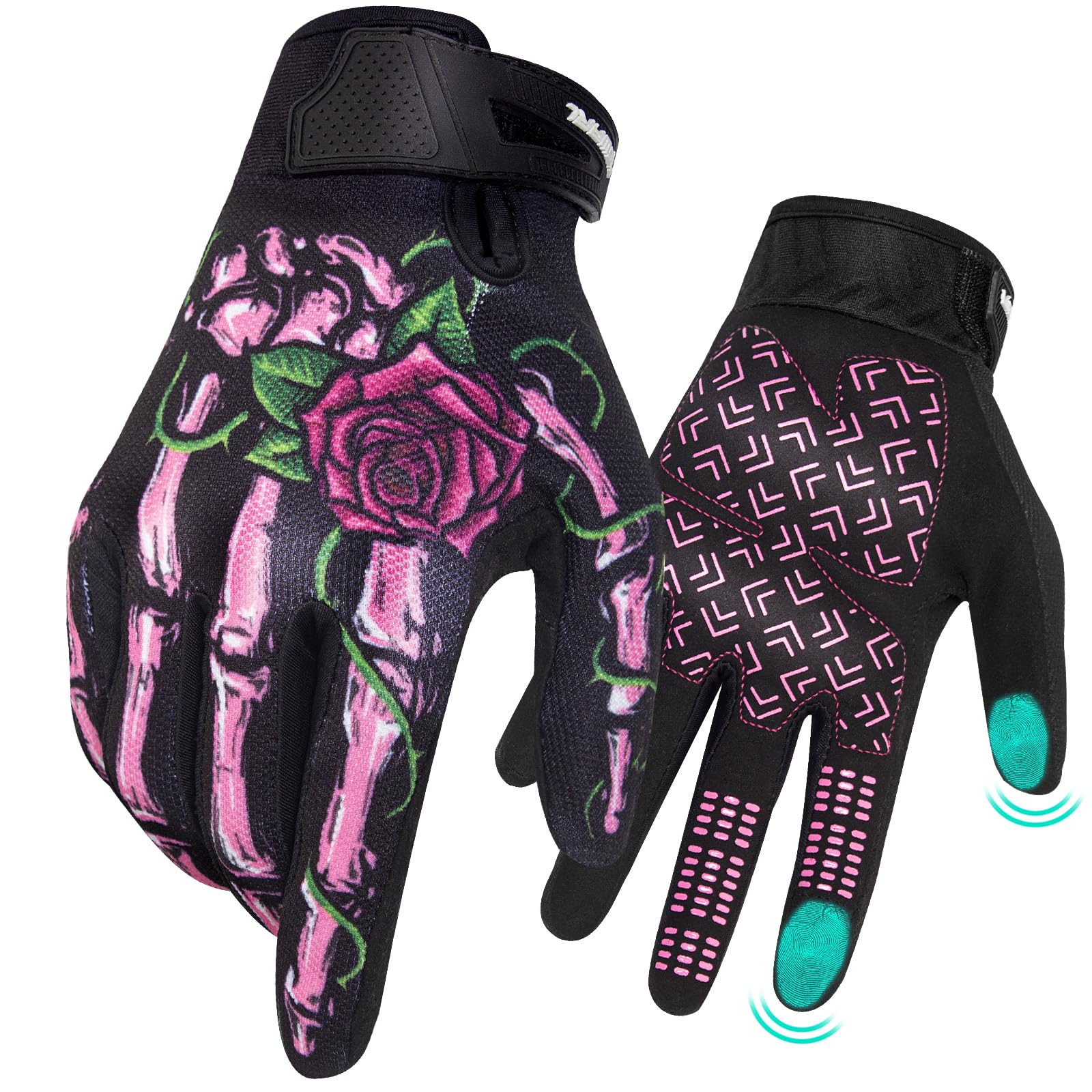 Rigwarl Motorcycle Gloves For Women - Touchscreen, Breathable Pink Skeleton Design, Non-Slip Full Finger Riding Gloves For Mount