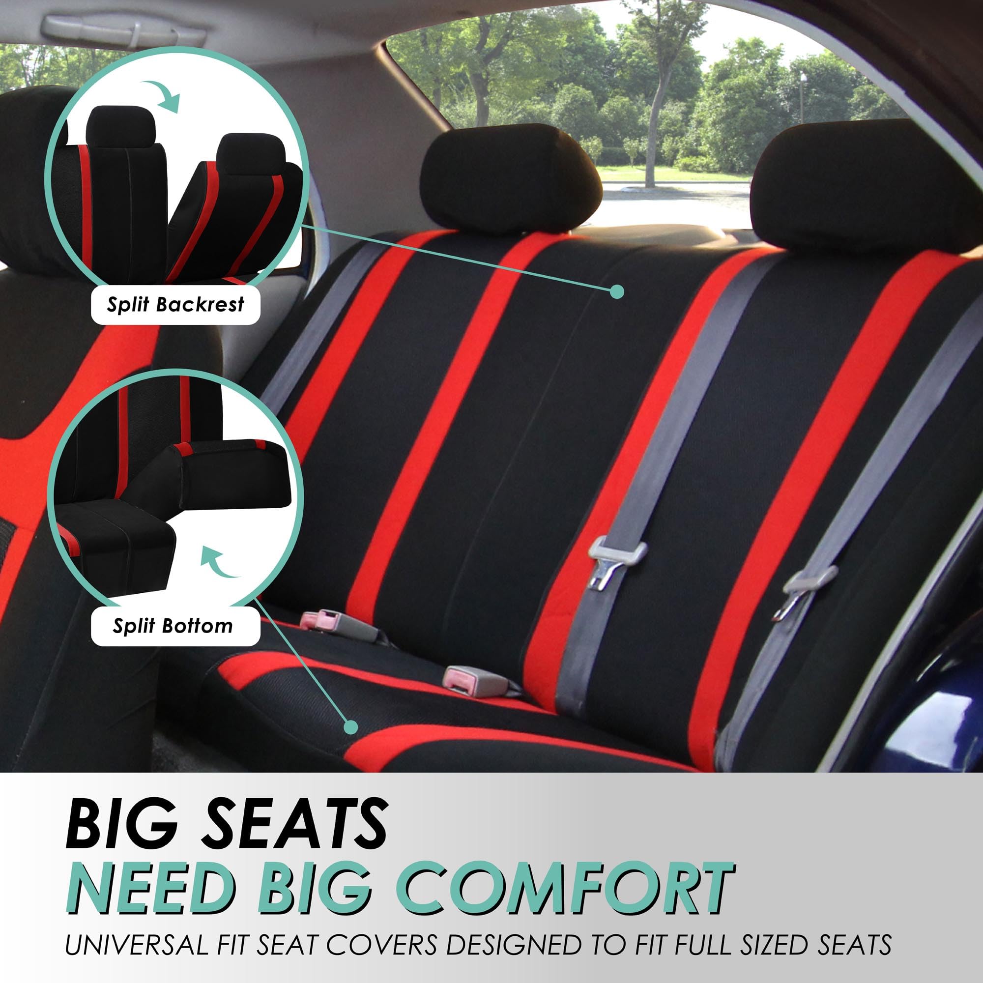 Fh Group Automotive Seat Cover Universal Fit Rear Seat Cover Sports Red Seat Cover For Back Seat Split Bench Car Seat Protector