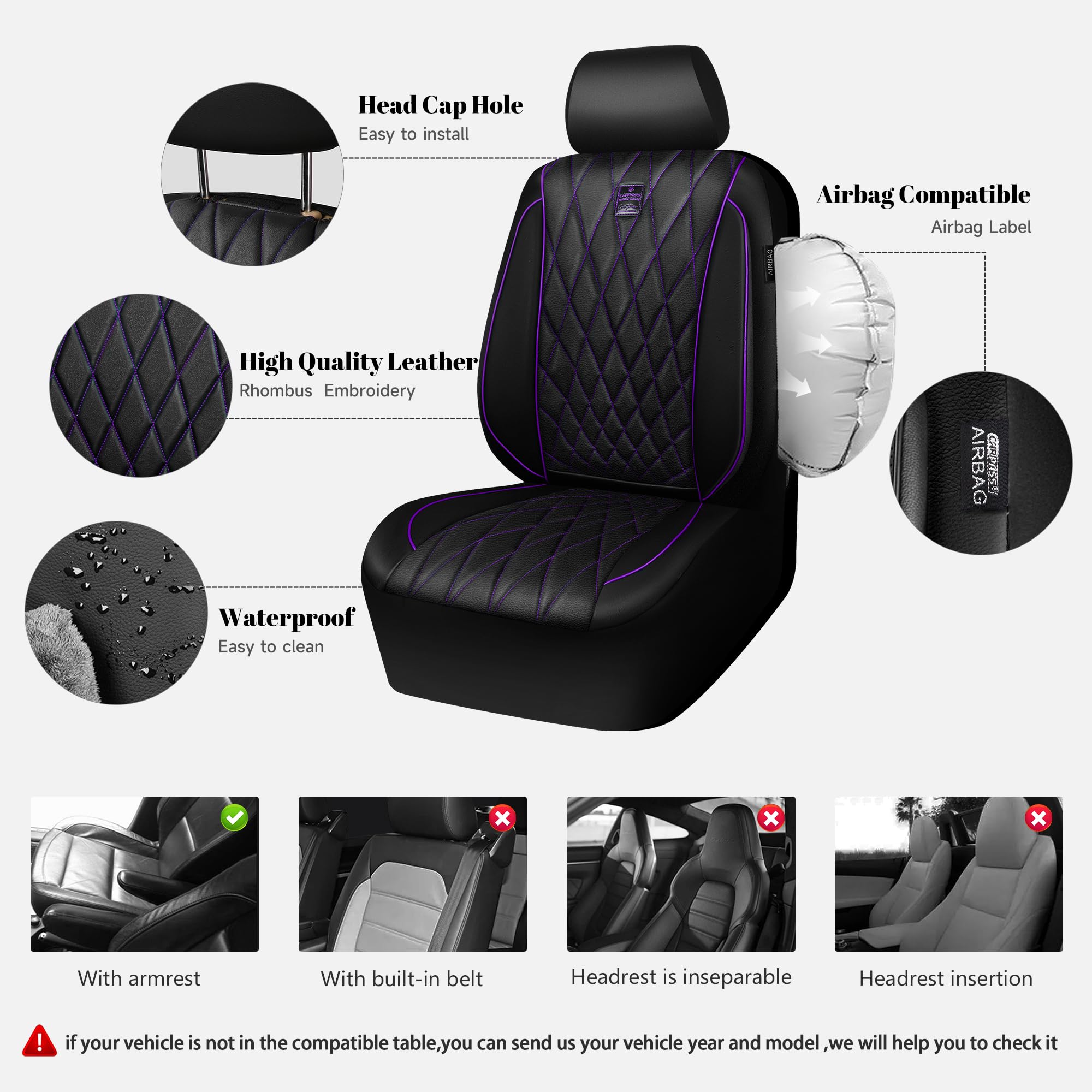 Car Pass Piping Luxury Faux Leather Two Front Car Seat Covers, Waterproof Anti Slip Premium Automotive Seat Covers,Universal Fit
