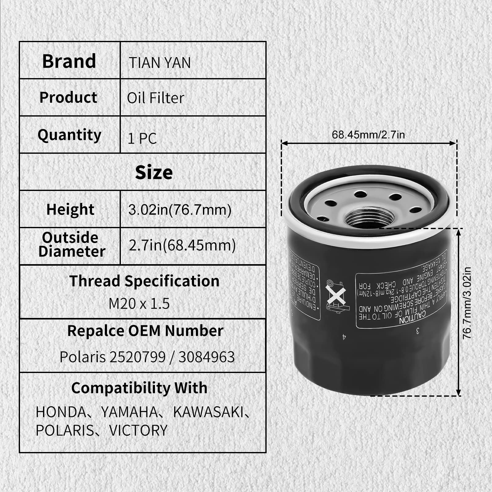 TIANYAN 2520799 3084963 Oil Filter for Polaris Sportsman 500 450 400 335/ Ranger 400 500/ Trail Boss 325 330/ Trailblazer 330/ X