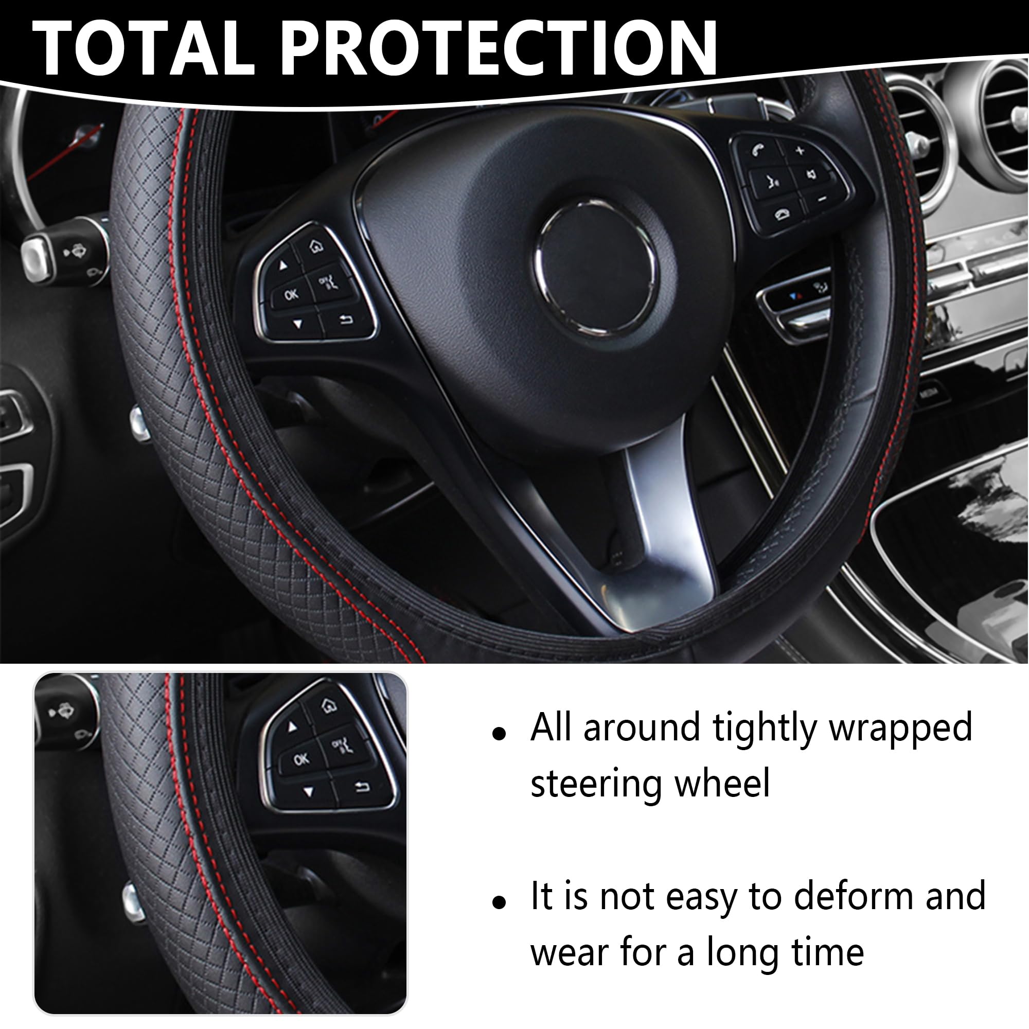 Leather Steering Wheel Cover,Anti Slip Car Steering Wheel Cover For Car Decorations & Steering Wheel Protections,Universal 15Inch Wheel Cover Car Interior Accessories For Men & Women (Black+Red)