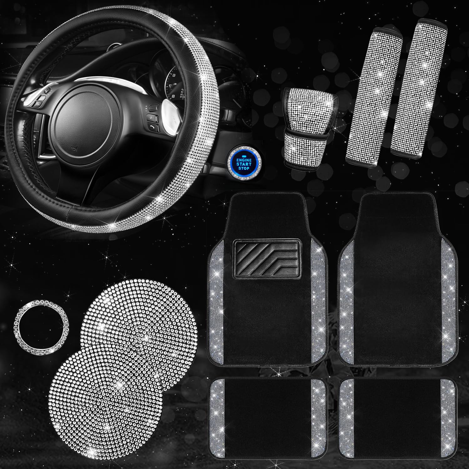 Car Pass 11 Pcs Bling Car Mats Accessories For Women, Sparkly Rhinestone Diamond Steering Wheel Cover, Bling Seat Belt Cushion, 
