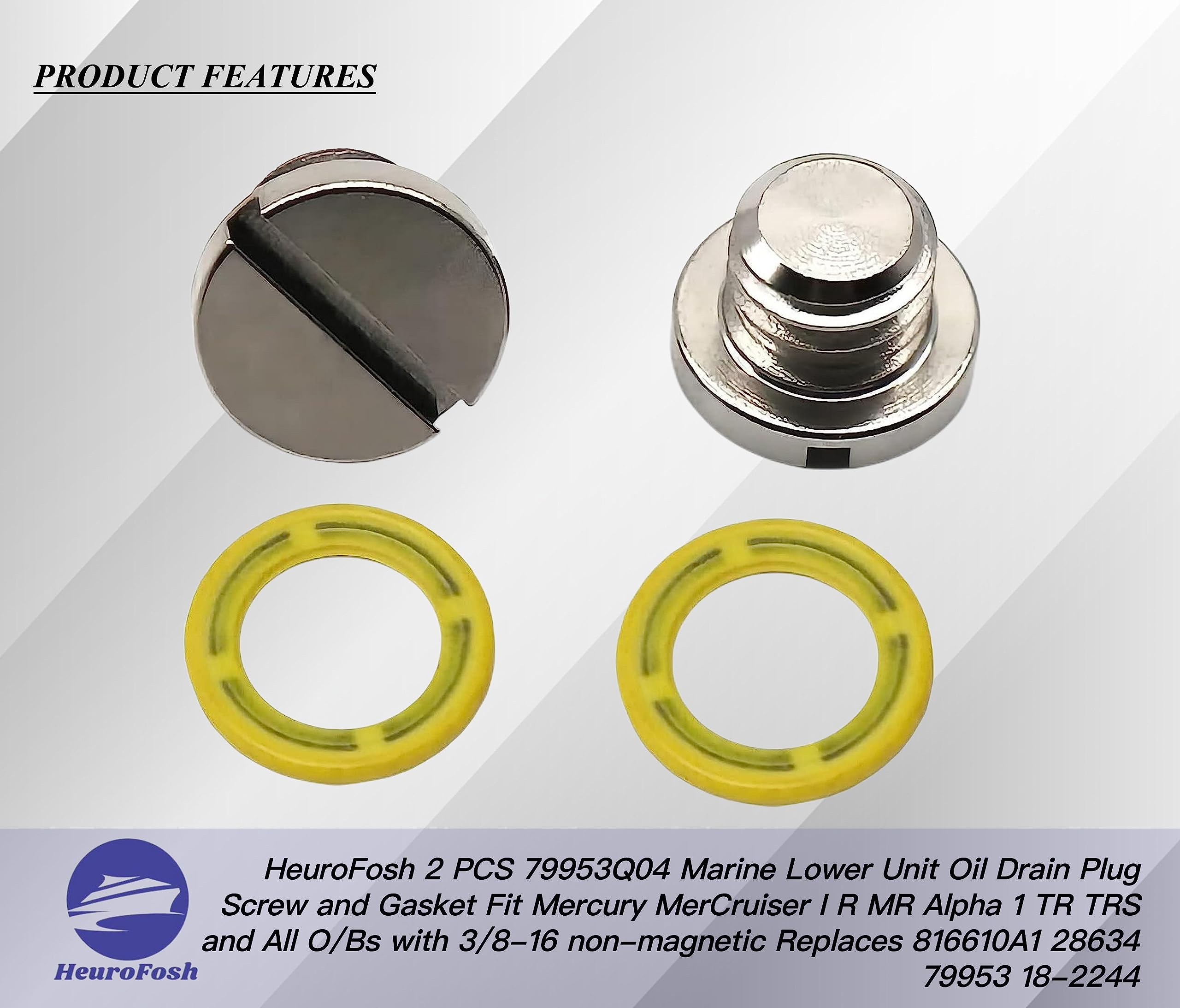 Heurofosh 2 Pcs 79953Q04 Marine Lower Unit Oil Drain Plug Screw And Gasket Fit Mercury Mercruiser I R Mr Alpha 1 Tr Trs And All O/Bs With 3/8-16 Non-Magnetic Replaces 816610A1 28634 79953 18-2244