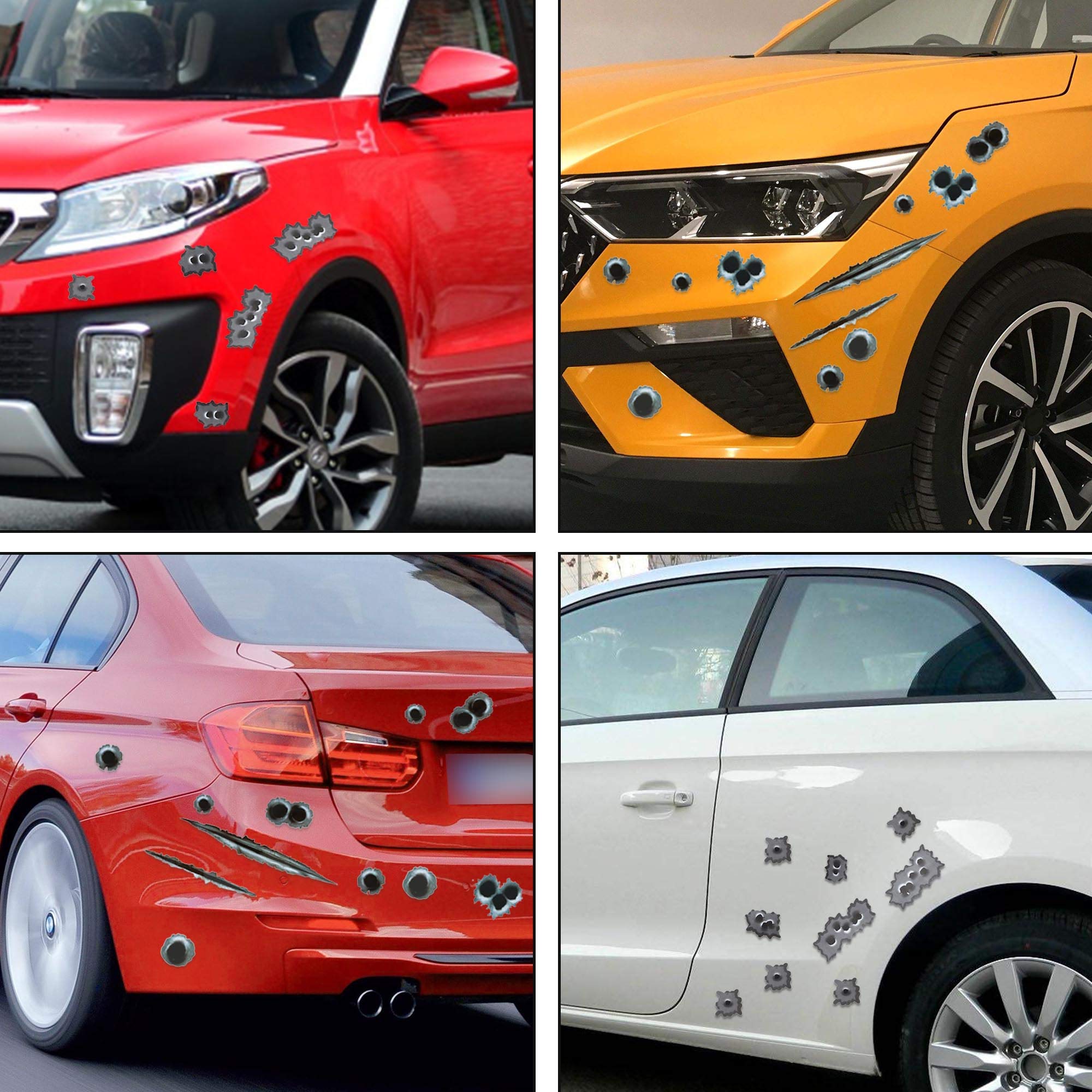 Tomall 96-Hole 3D Bullet Hole Car Stickers Simulation Stereoscopic Fake Guns Bullet Hole Stickers Automotive Tattoo Hood Front Cover Decorations Accessories Bullet Waterproof Car Decals 4 Sets
