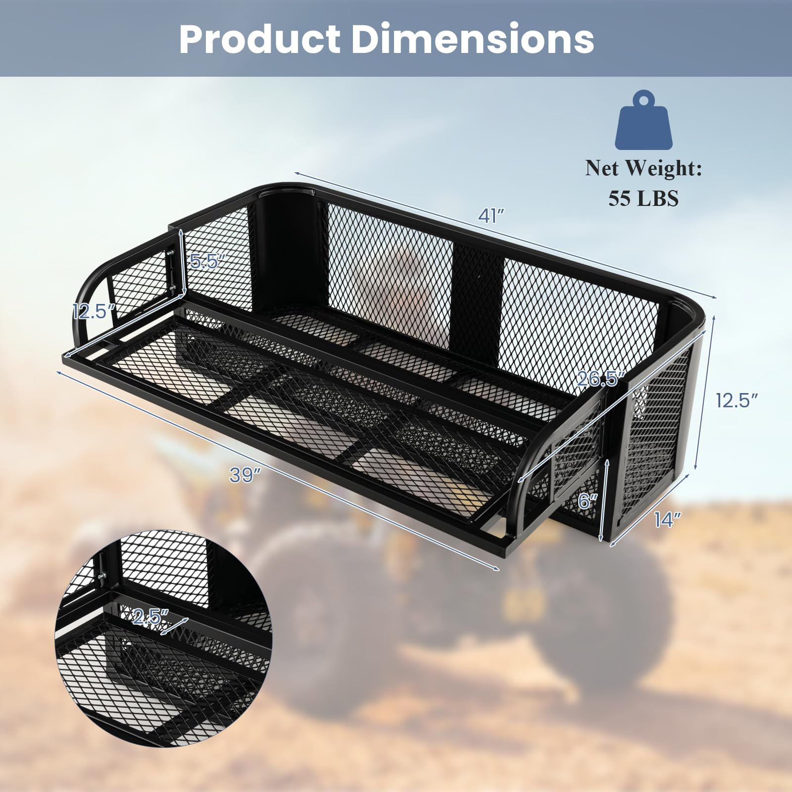 Ironmax Atv Rear Drop Cargo Basket, Heavy Duty Steel Luggage Storage Carrier Box W/ 12.5’’ Protective Rail, Easy To Install, Atv/Utv Cargo Rack Accessories, 41’’L X 26.5’’W X 12.5’’H