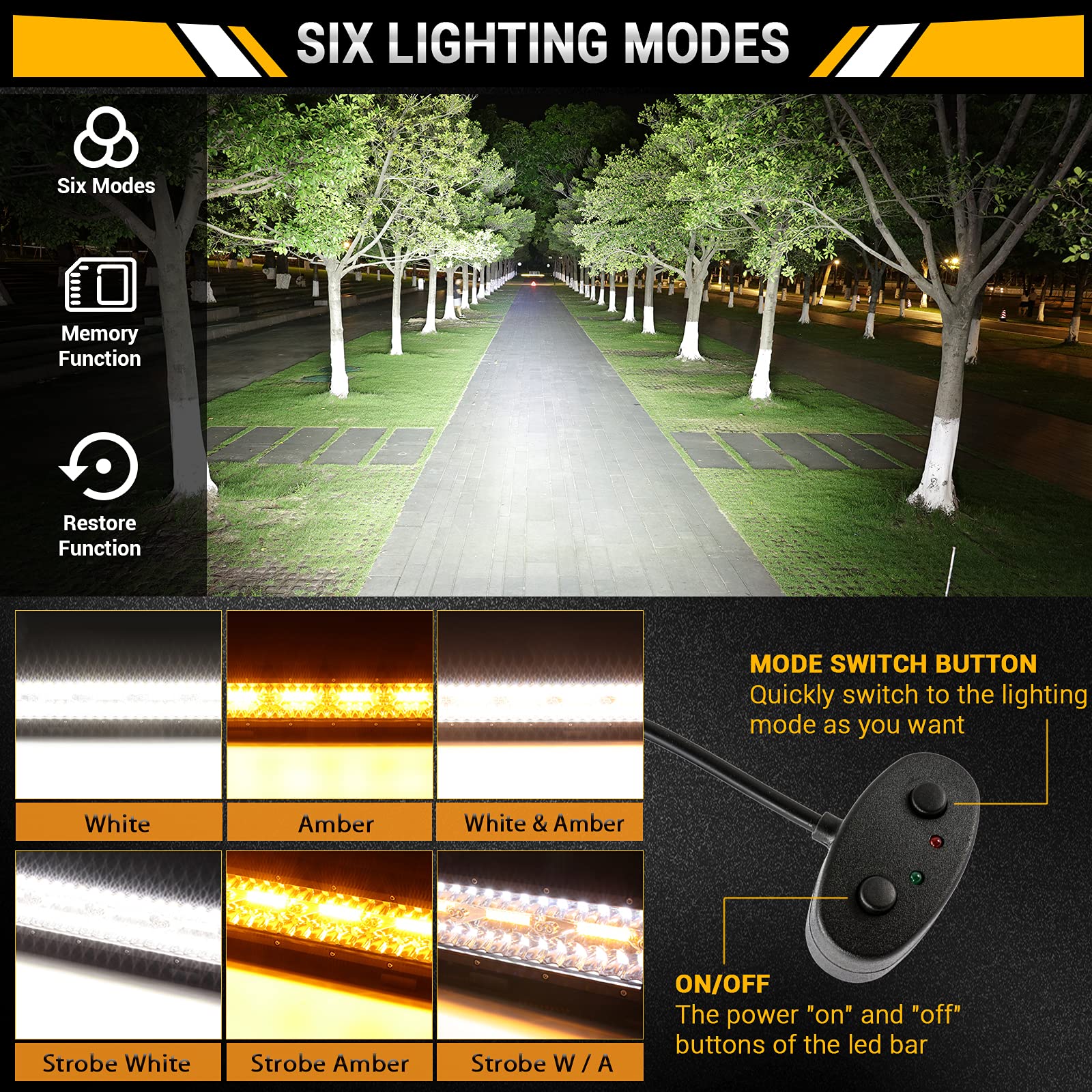 Auxbeam 20 Inch Led Light Bar 420W 6 Modes Amber White Strobe Light, Off-Road Driving Light Spot Flood Combo Work Light With 16A