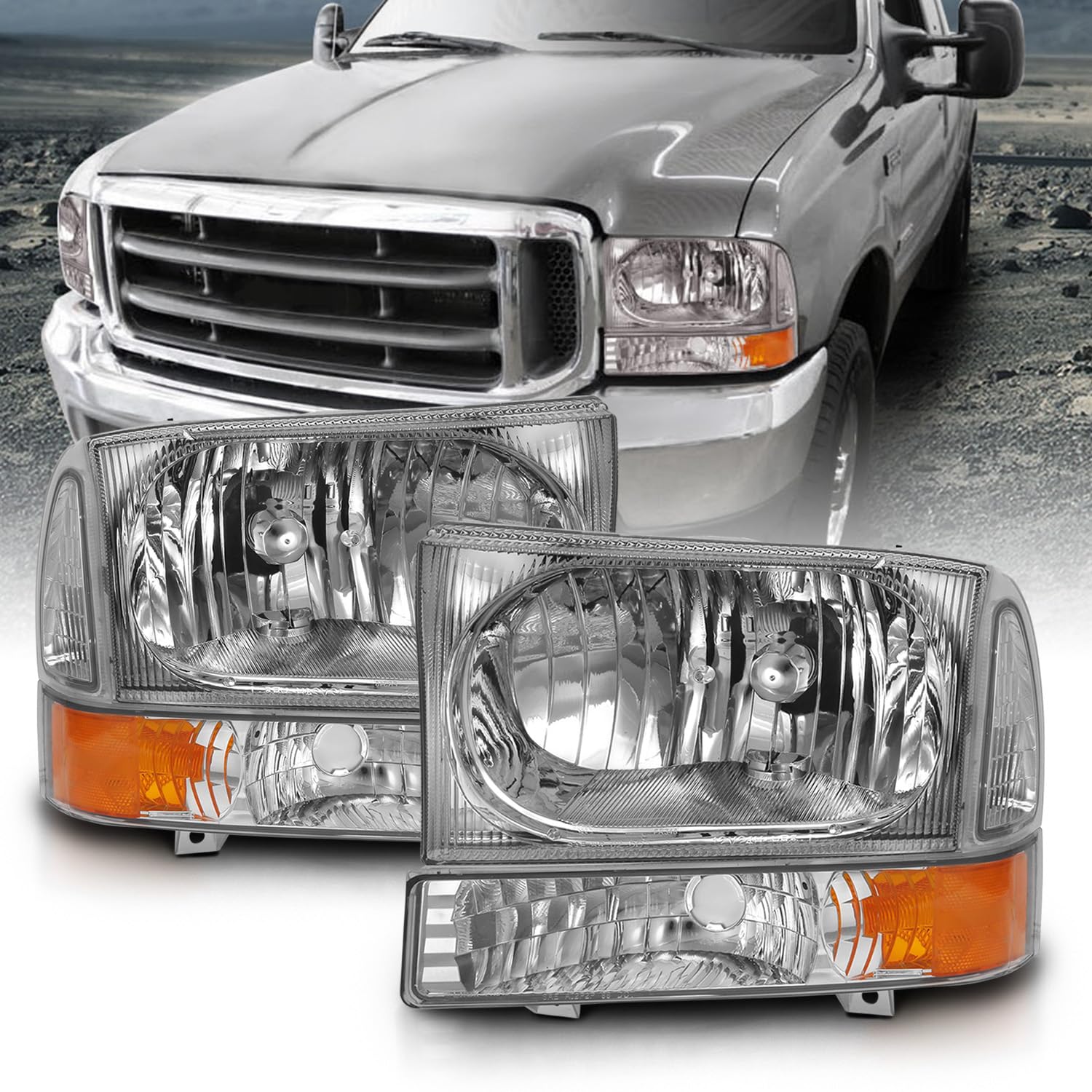 Amerilite For 1999-2004 Ford Super Duty F250 F350 F450 F550 | Excursion Chrome Factory Style Replacement Headlights W/Corner Bum