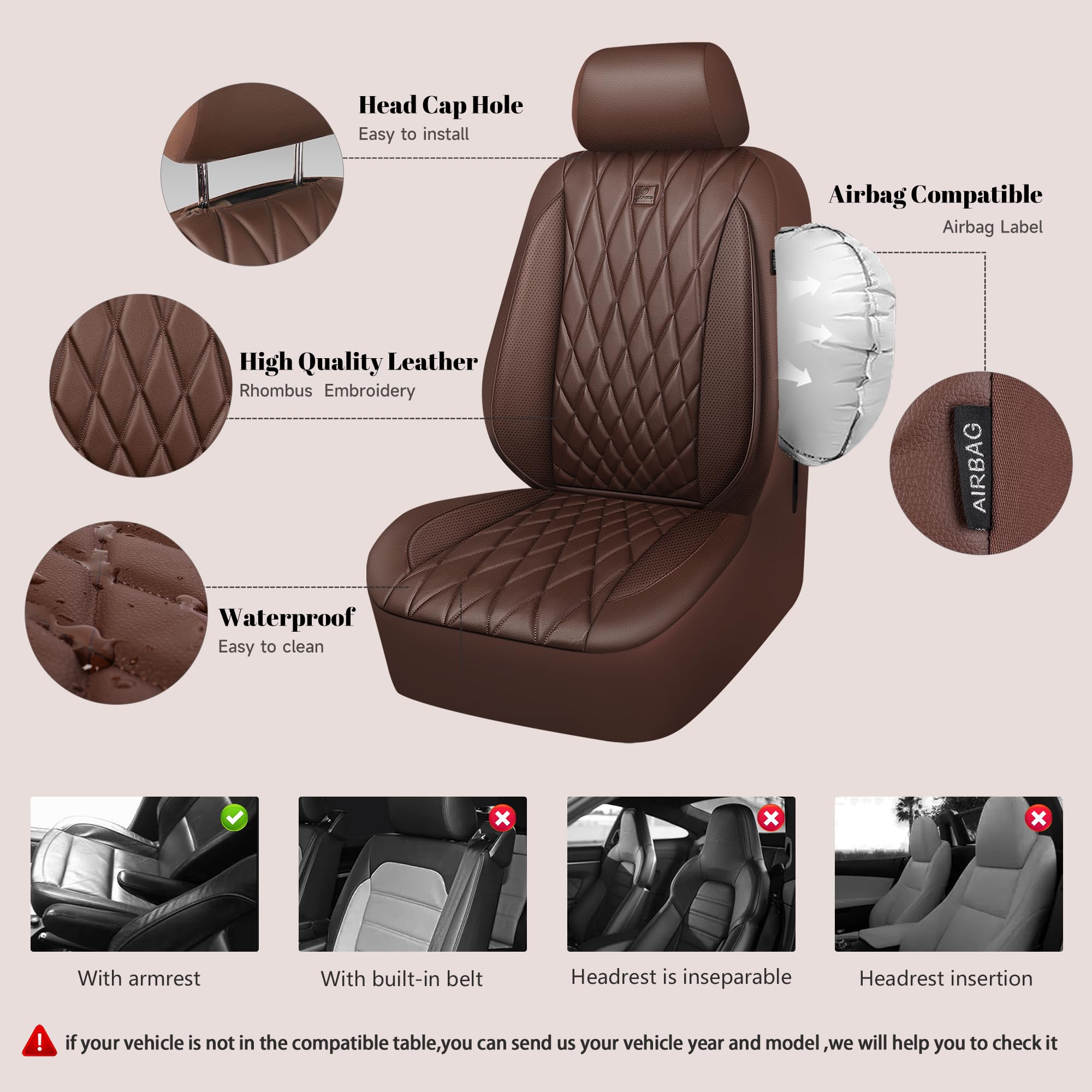Car Pass Piping Luxury Faux Leather Seat Covers Full Set, 5 Seats Anti-Slip Waterproof Seat Covers Compatible With Front Armrest