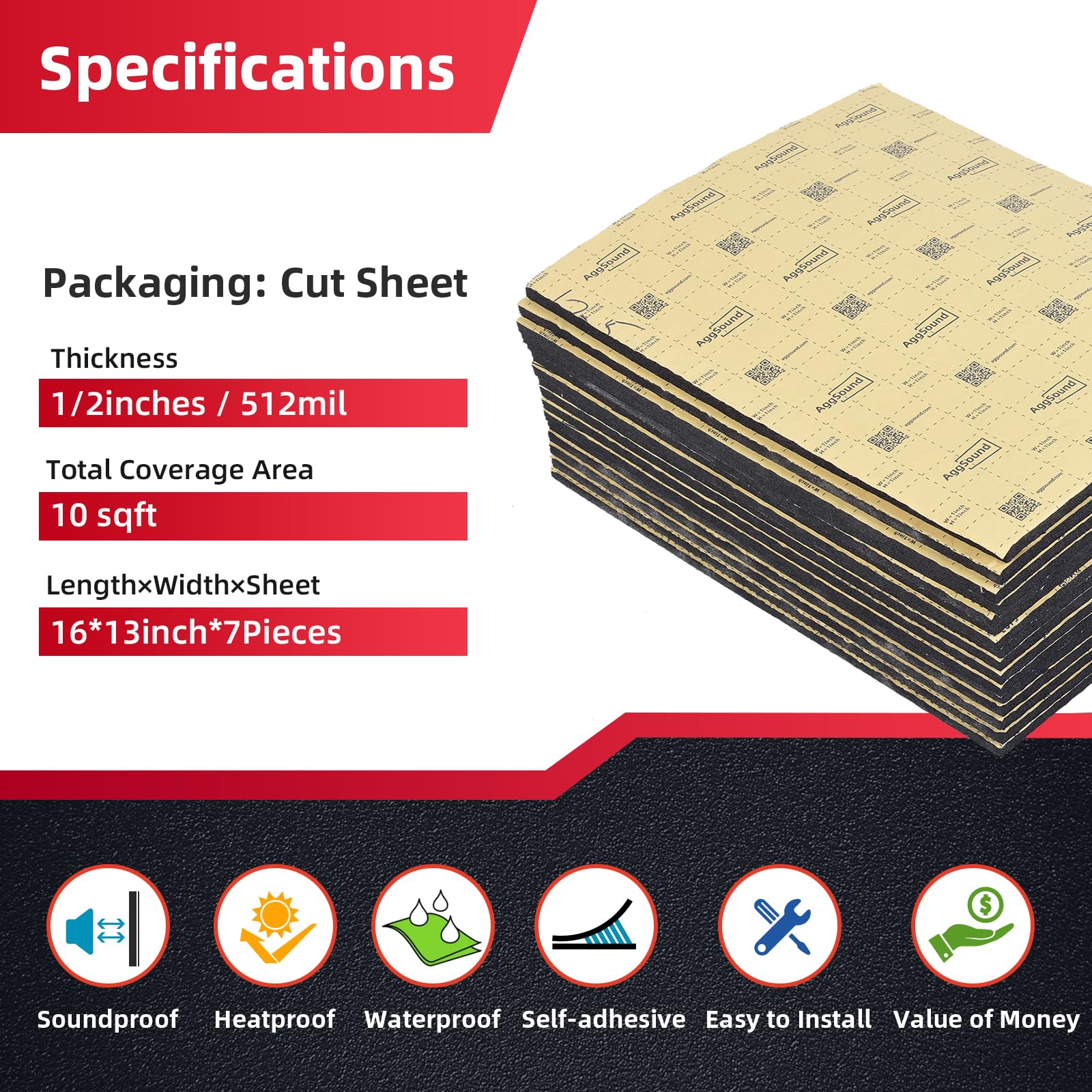 Aggsound 1/2Inch Thickened Sound Deadener For Multiple Use,High Density Foam With Adhesive,For Car, Boat, Rv Shield Insulation D