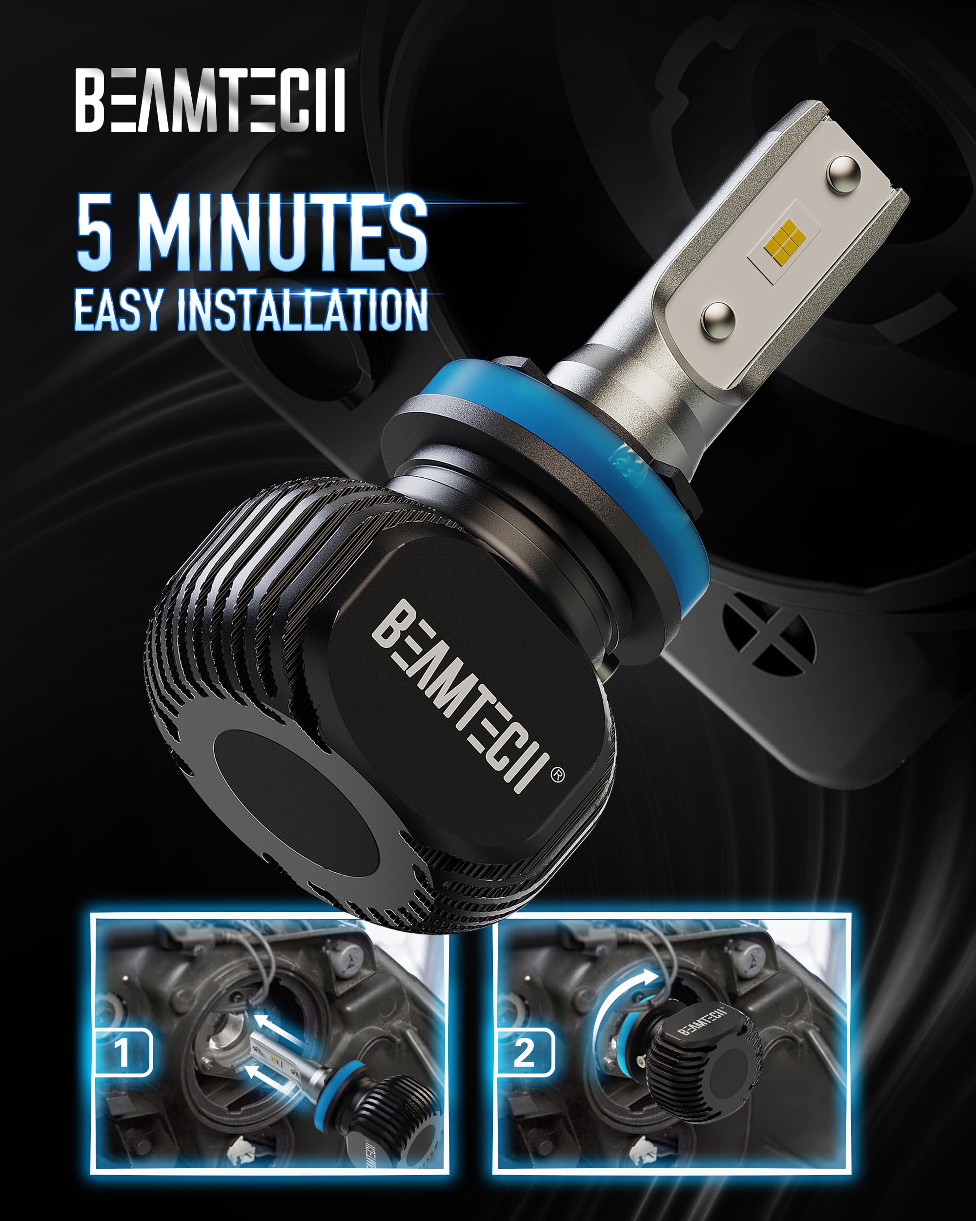 BEAMTECH 9005 H11 Bulbs Combo - S1 Series Fanless Fog Light, 6500K Xenon White, Aluminum, 4 Bulbs