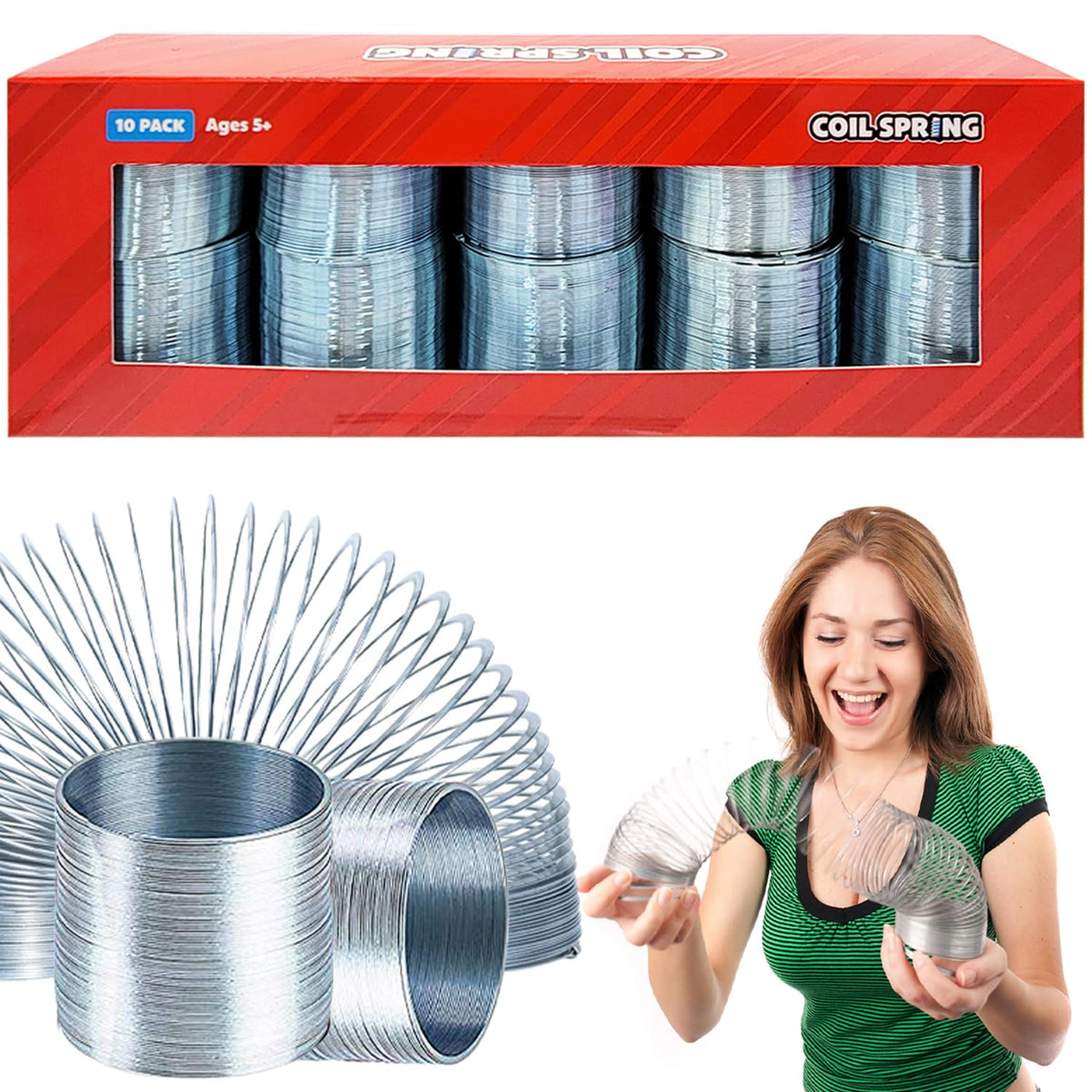 Silver Metal Coil Spring, Goody Bag Fillers, Party Favor For Kids, Variety Of 2.4'' (60Mm) Individually Boxed (10-Pack)
