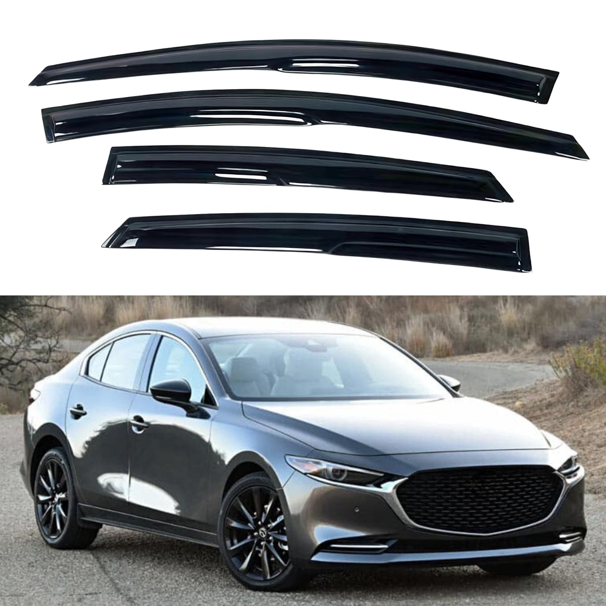 Ig Window Visor For Mazda 3 Sedan 2019-2024, Rain Guard Tape-On Extra Durable Sun Wind Side Vent Window Deflector Mugen Style, 2