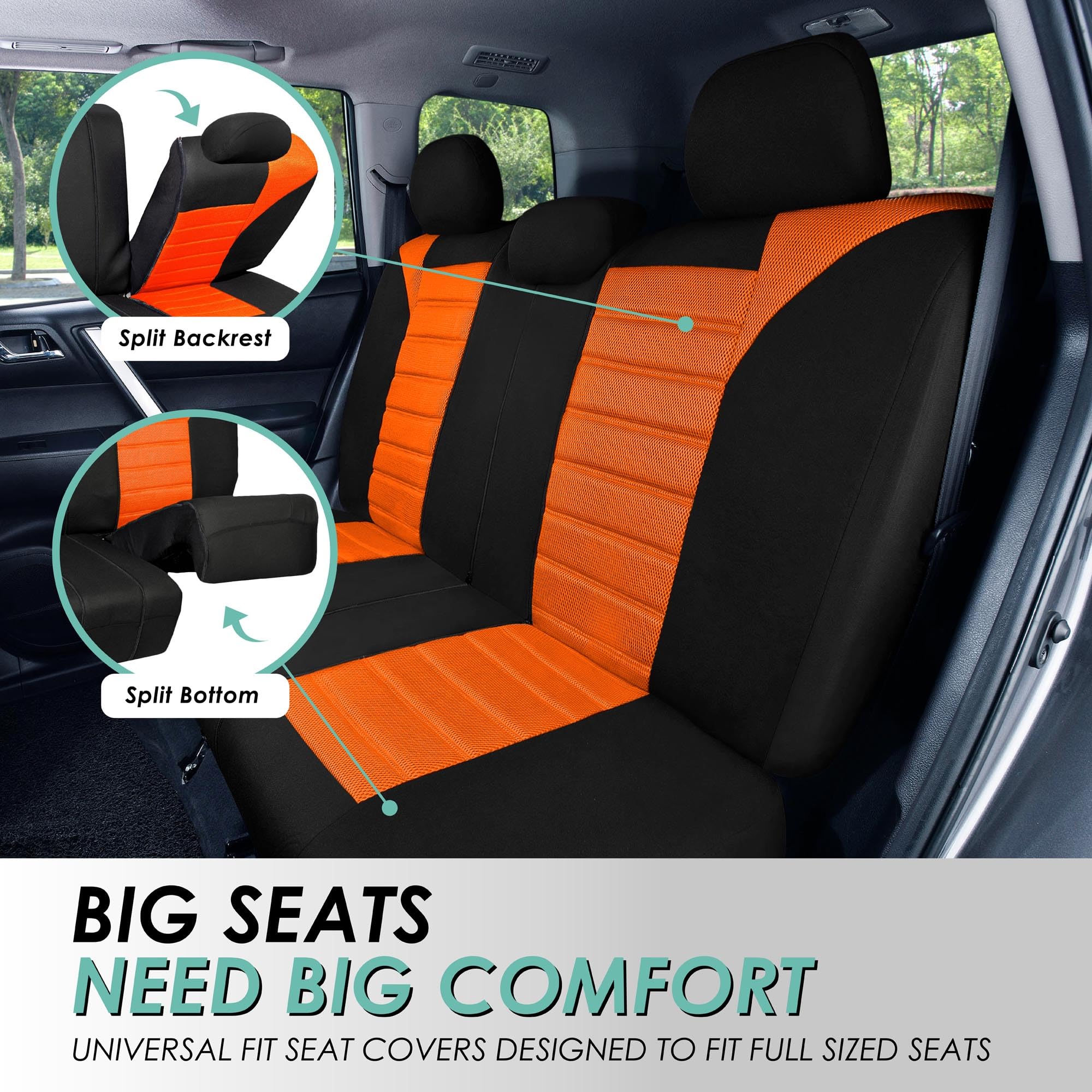Fh Group Automotive Car Seat Covers Full Set Premium 3D Air Mesh Orange And Black Seat Covers, Airbag Compatible And Split Bench