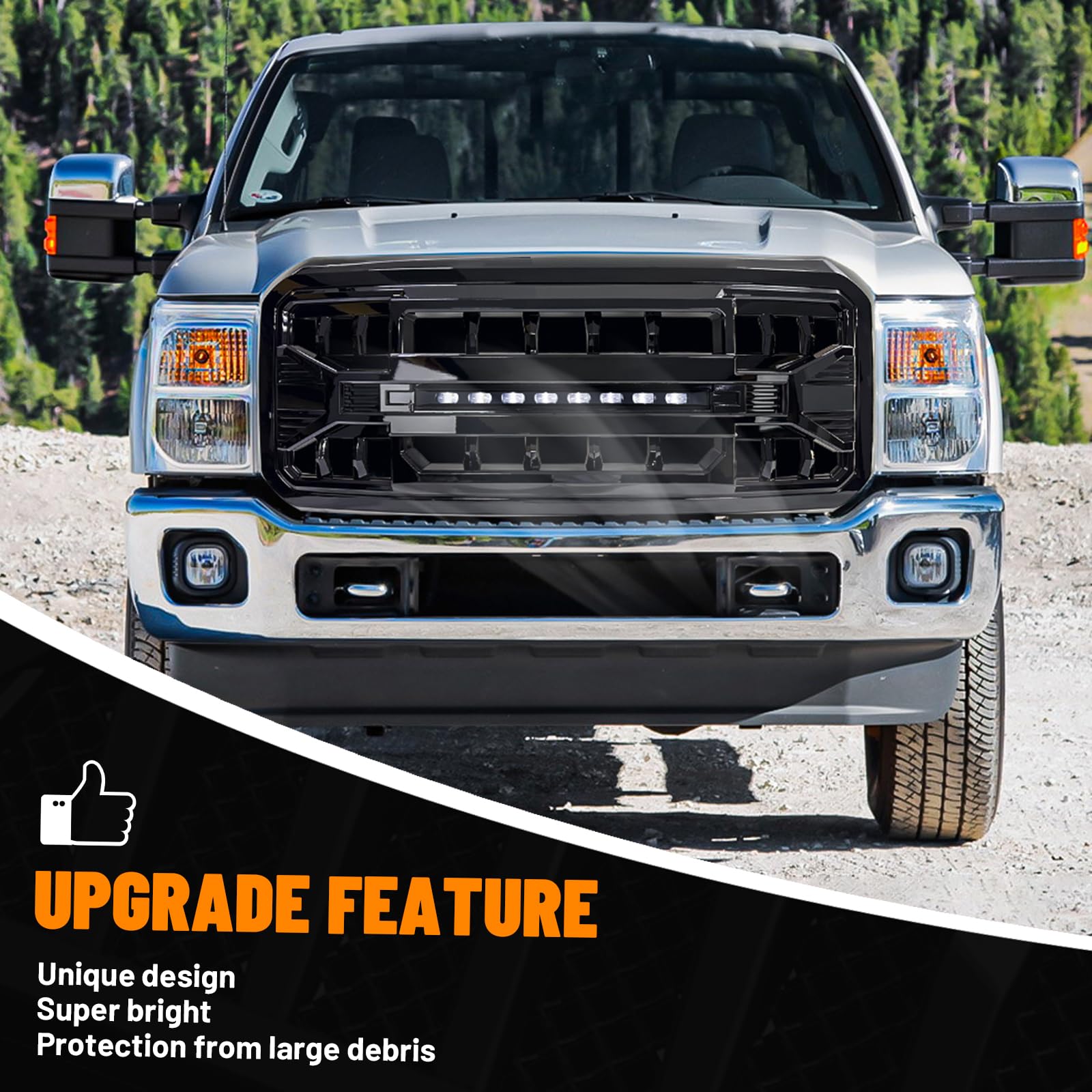 MEGAIE Front Grill Compatible with 2011-2016 F250 F350 F450 F550 Super Duty, Glossy Black Bumper Grille Guard w/Off-Road Lights