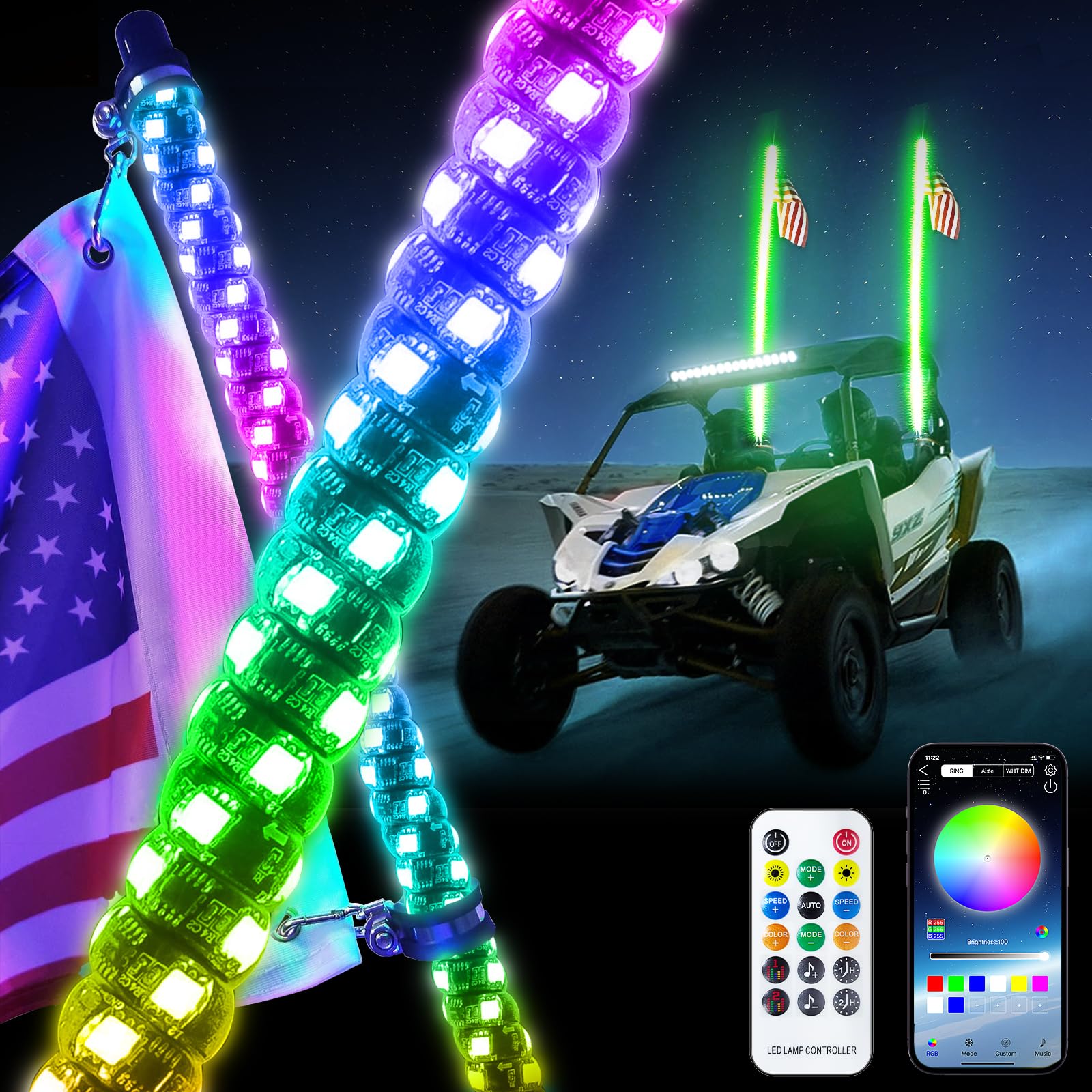 1PCS 4FT LED Whip Lights, Remote & App Control 600 Colors w/Waterproof Spiral Chase Illuminated Antenna Whip for UTV ATV, Polari