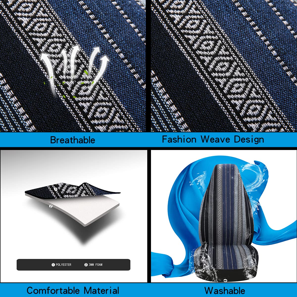 Ponyjoyup Baja Saddle Blanket Car Seat Covers 7Pcs Full Set, Breathable And Washable Striped Woven Automotive Vehicle Seat Cover Universal For Sedan, Suv, Truck, Airbag Compatible