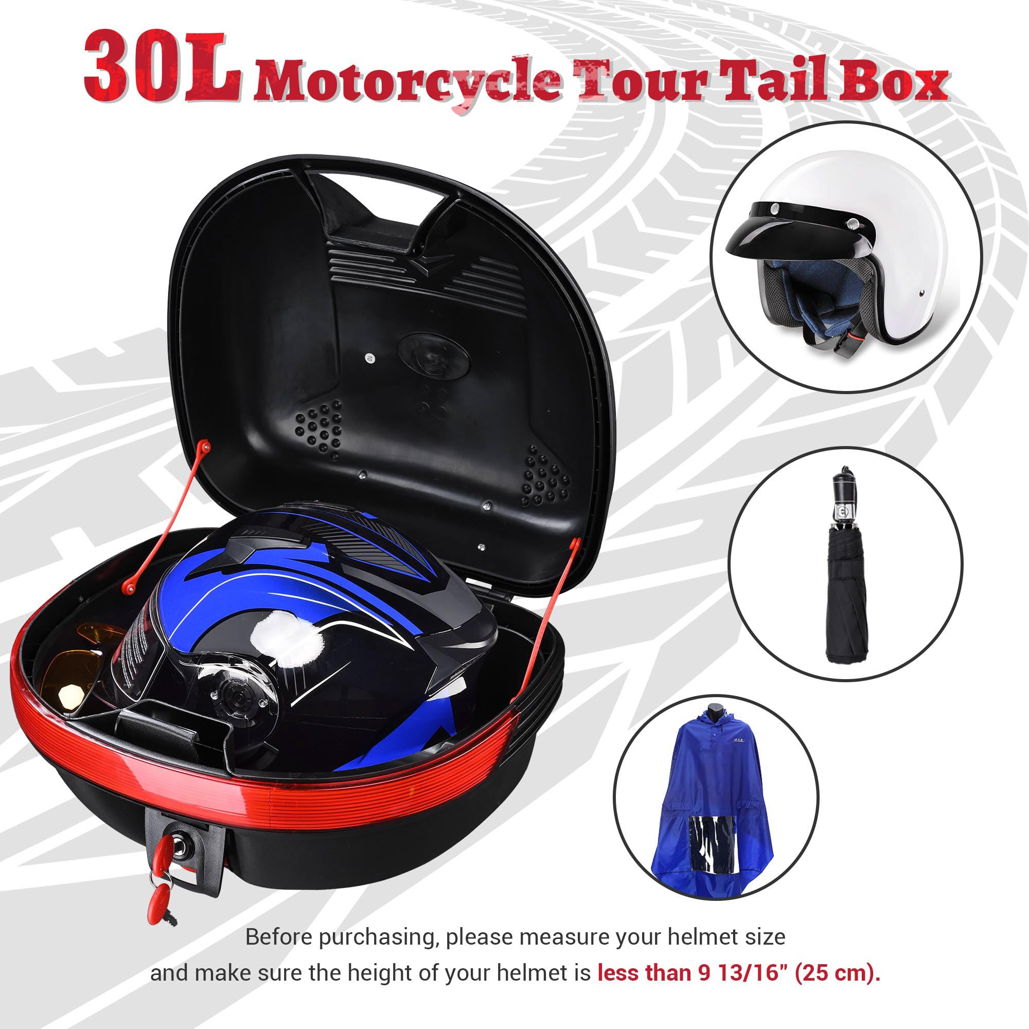Yescom Ahr 30L Motorcycle Top Case Trunk Black Tail Box Scooter Tour Motorcycle Storage Box Carrier With Lock For Helmet Luggage