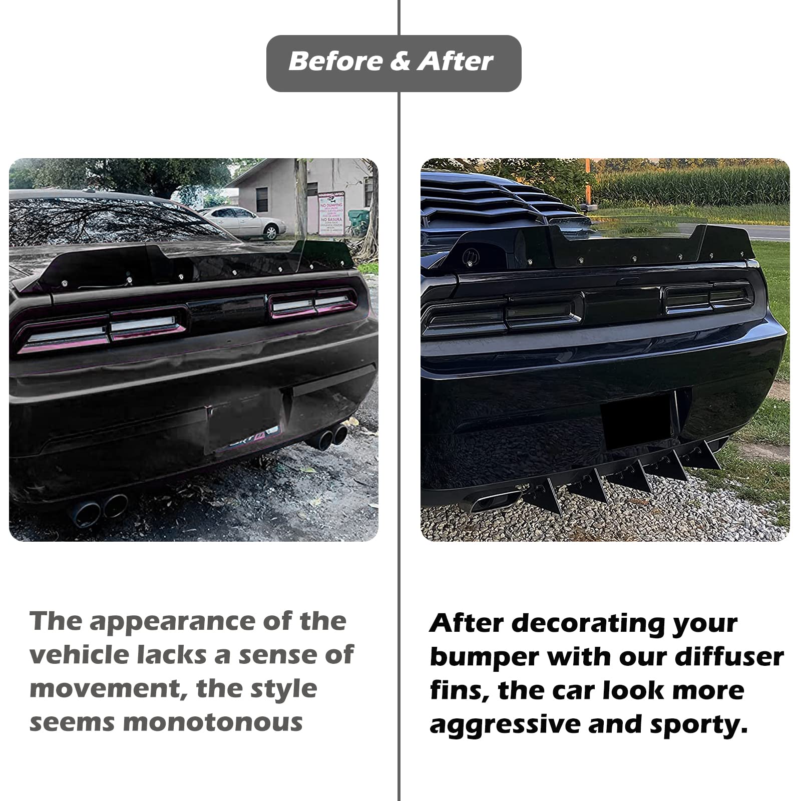 Rear Diffuser 5 Fins Set for Dodge Challenger SXT SRT RT Hellcat 2009-2014, Black Rear Bumper Lip Diffuser Shark Fins