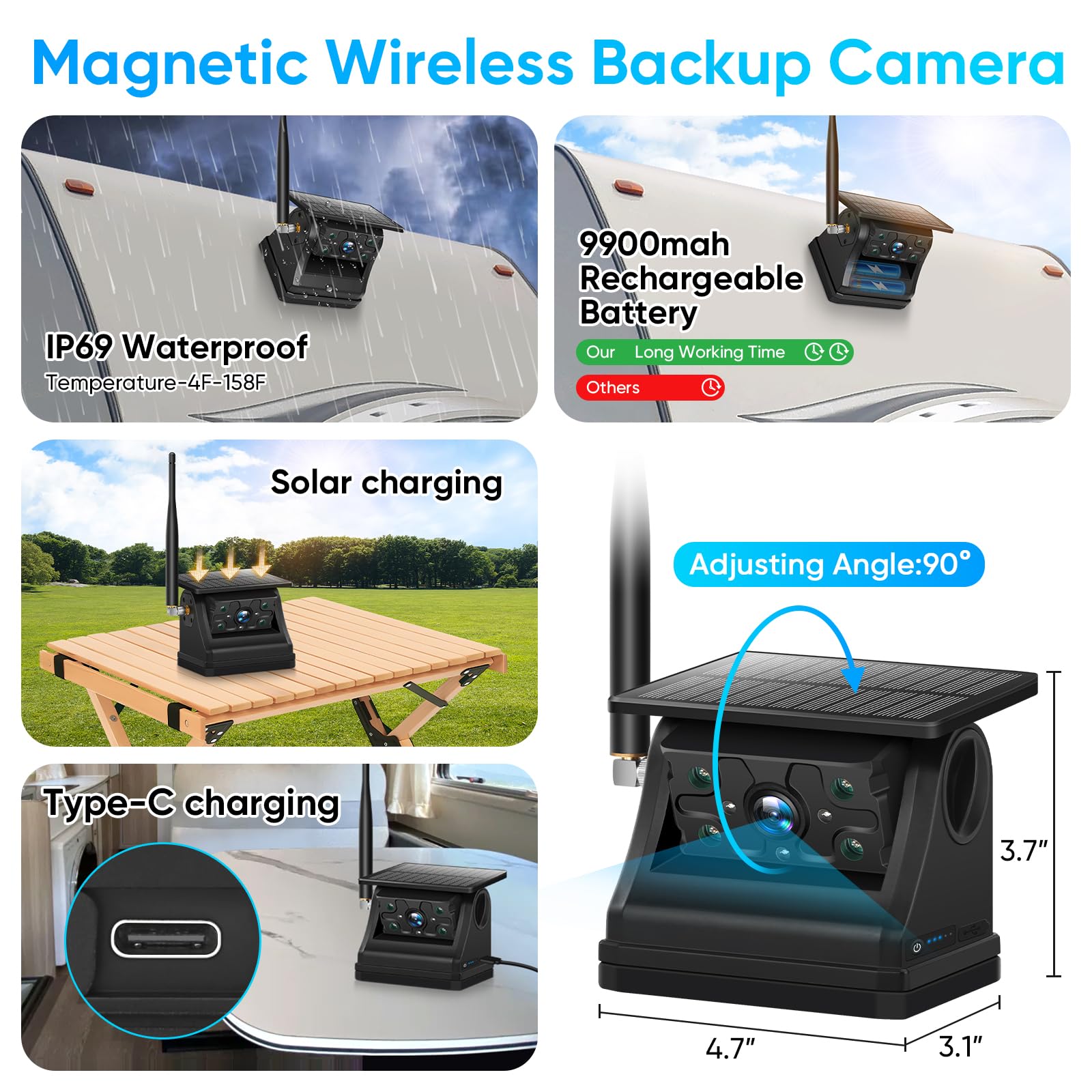 Solar Wireless Magnetic Backup Camera, 9900Mah Battery Powered Rechargeable Ip69 Waterproof Hd Back Up Rear View Remote Control