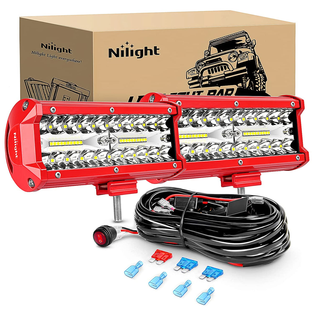 Nilight Led Light Bar 2Pcs 6.5Inch Triple Row Spot Flood Combo Lights W/Wiring Kit For Fog Light Driving Light Work Light On Off