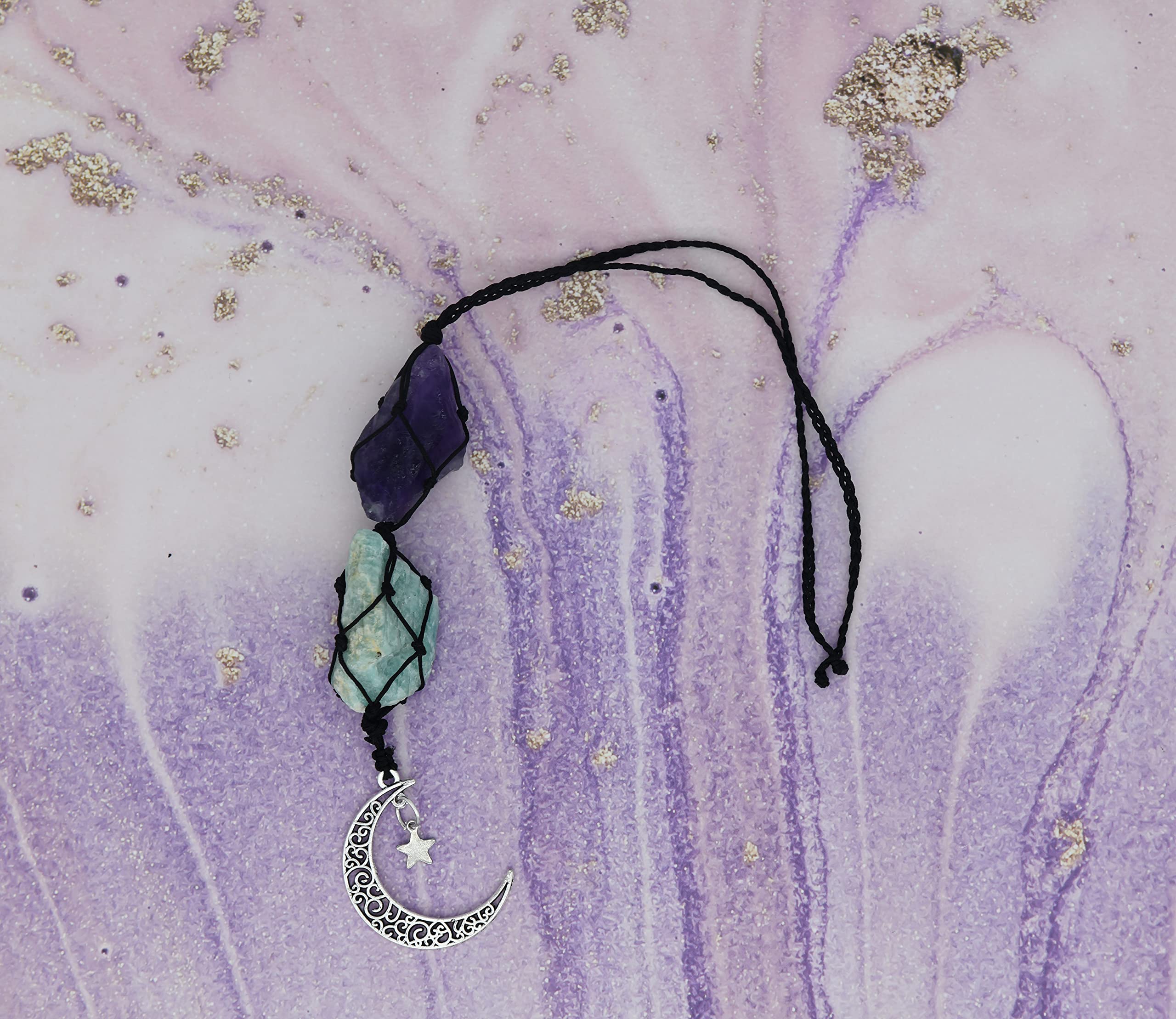 Boho Garden Hanging Car Charm - Amethyst & Amazonite - Dangling Moon & Healing Crystal Accessories, Rearview Mirror Decorations - Balance, Intuition, Spirituality, Self-Love, Honesty, Clarity, Energy