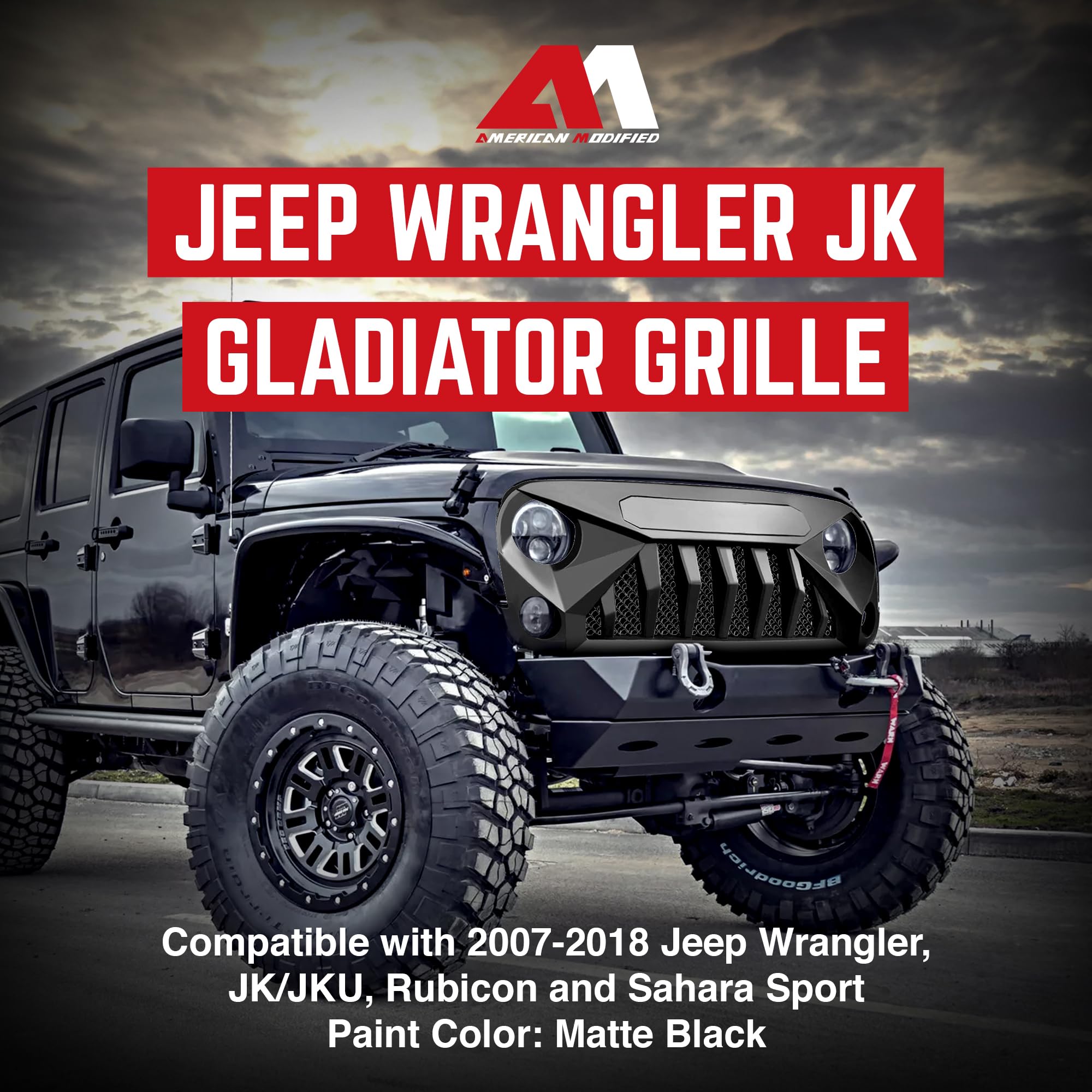 American Modified Gladiator Vader Easy Installation Front Grille Cover Compatible With Jeep Wrangler 2007 To 2018, Jk/Jku, Rubic