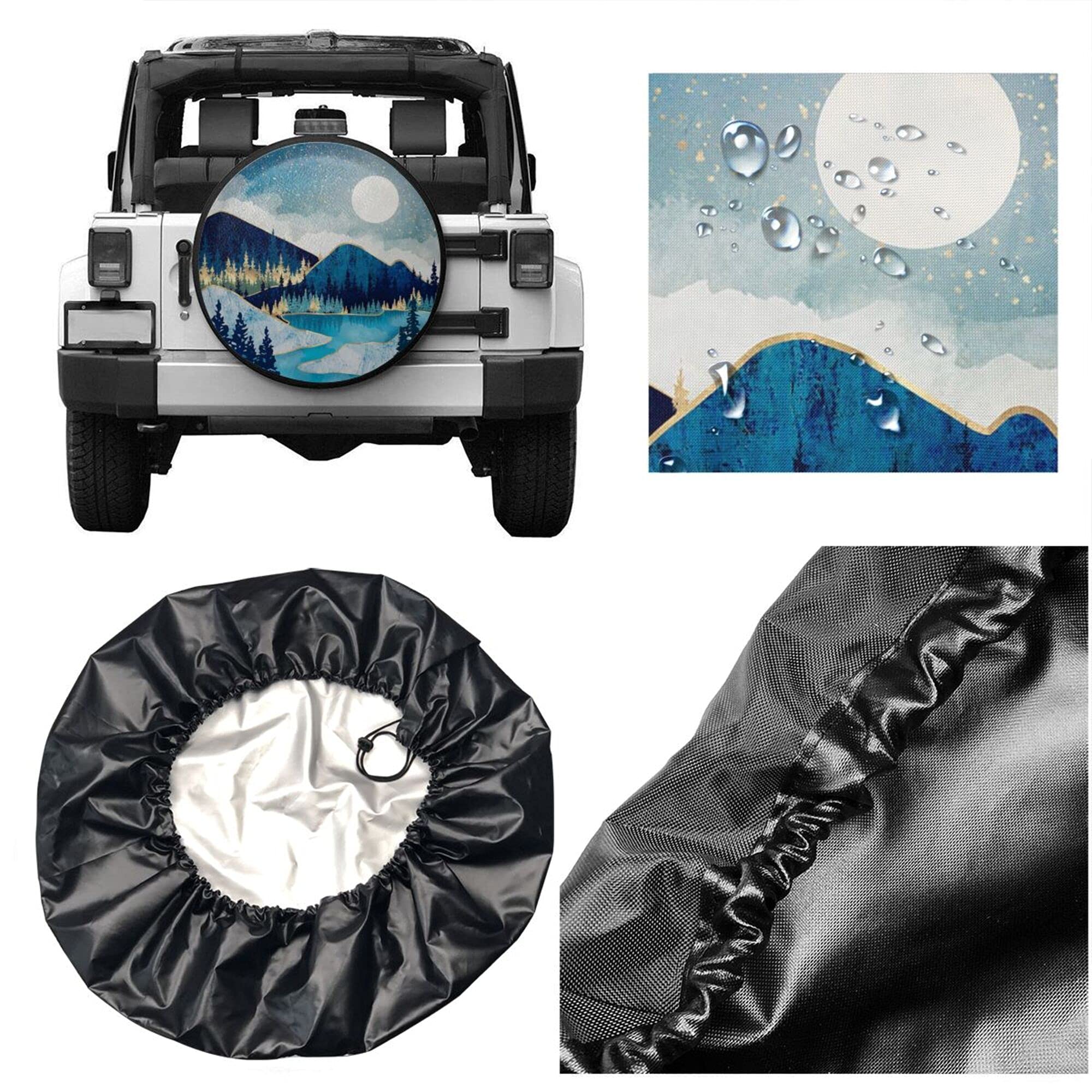 Blue Gold Spare Tire Cover Mountain Tree Star Waterproof Dust-Proof Universal Spare Wheel Tire Covers 15 Inch Fit For Rv Travel