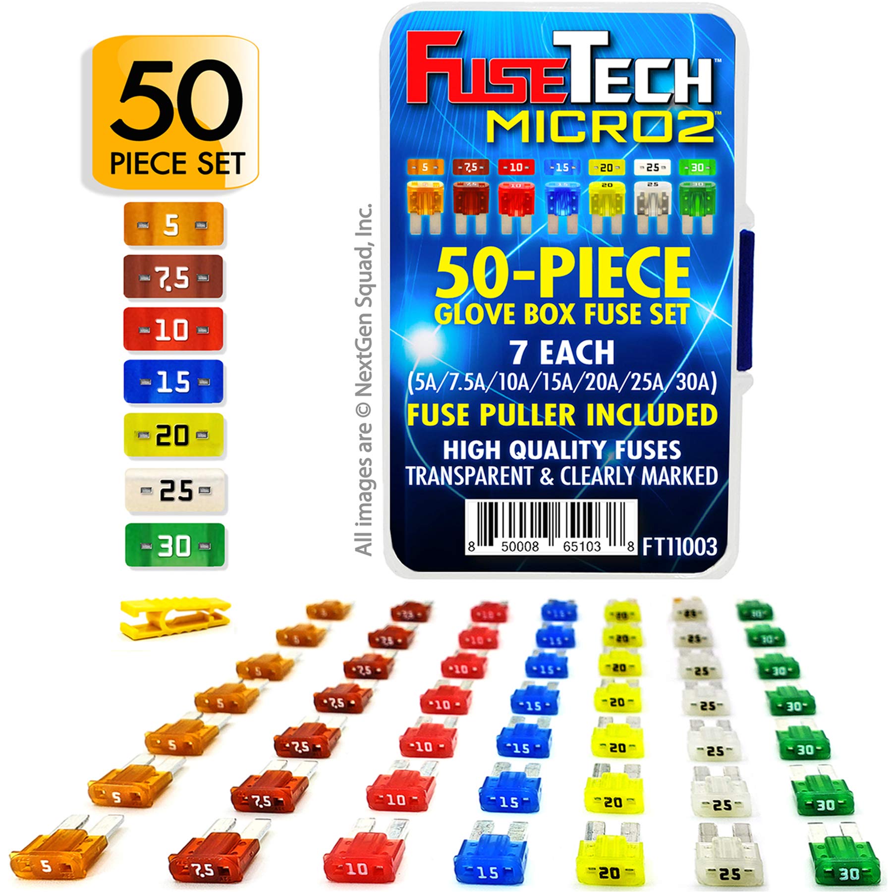 Fusetech Micro2 Apt Atr 50 Piece Automotive Car Fuse Assortment Glove Box Set (49 Micro 2 Blade Fuses + Fuse Puller) 5A 7.5A 10A