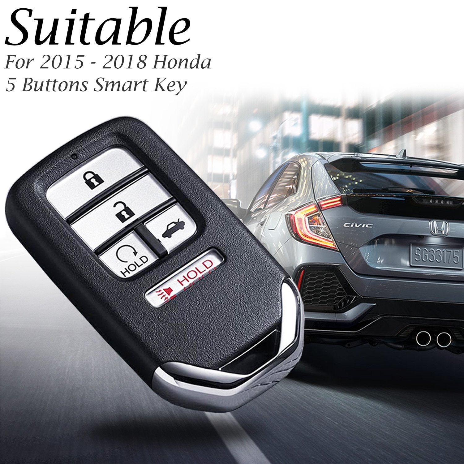 Vitodeco Genuine Leather Smart Key Keyless Remote Entry Fob Case Cover Compatible for Honda Civic, Fit, Accord, Pilot, CR-V (5 Buttons, Black/Red)