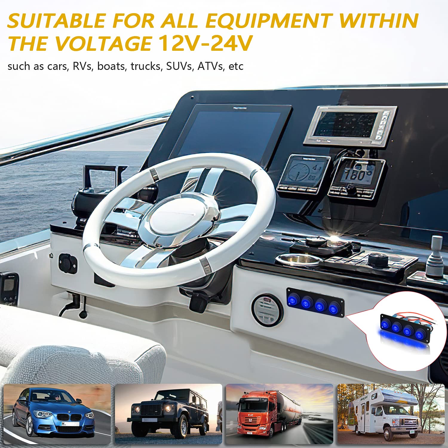 4 Gang 12V 20 Amp Toggle Rocker Switch Panel LED Breaker Waterproof Widely Fits for Auto Automotive Lights Car Marine Boat Yacht