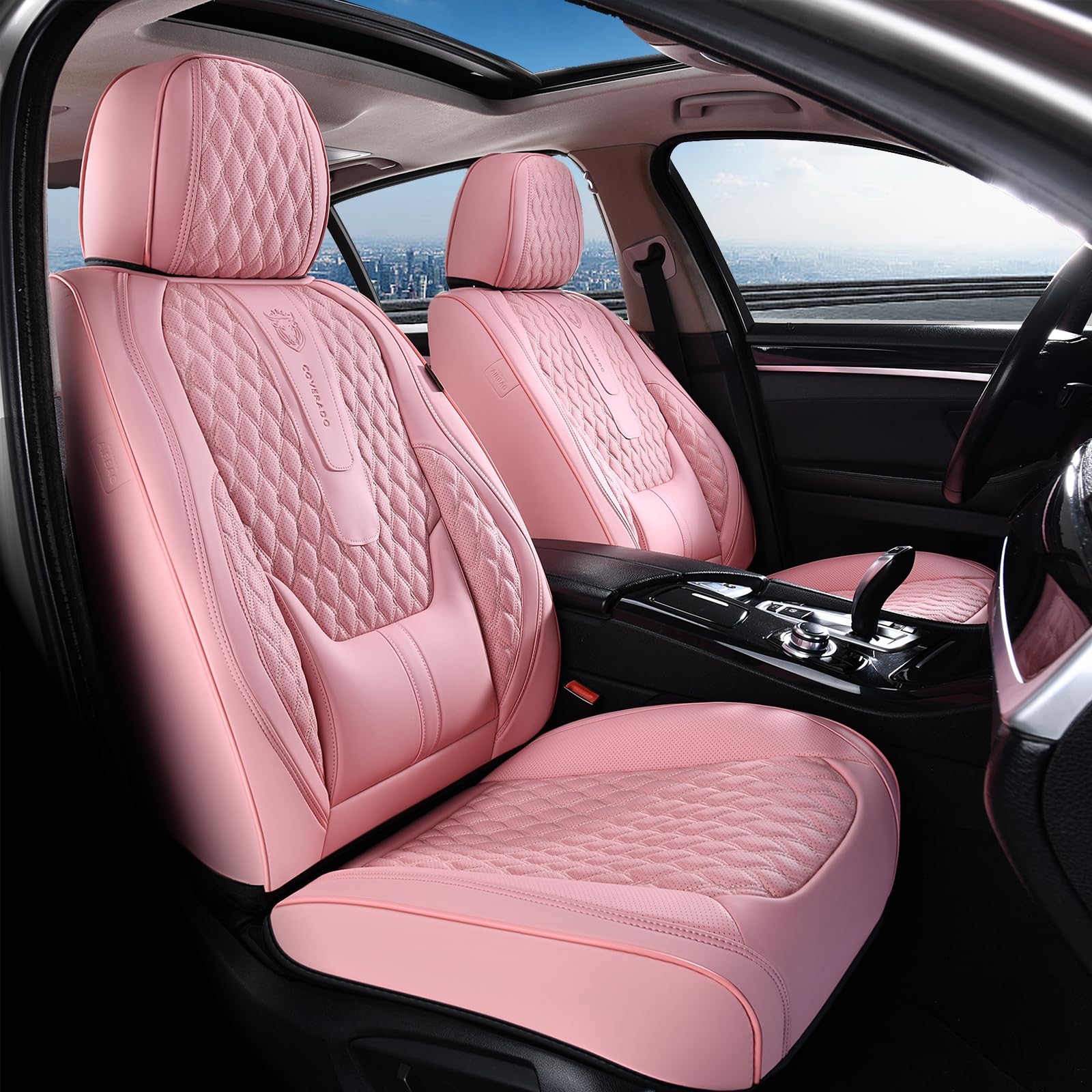 Coverado Seat Covers Full Set, Pink Car Seat Covers, Waterproof Car Seat Cover with Lumbar Support, Leather Car Seat Cushion Pro