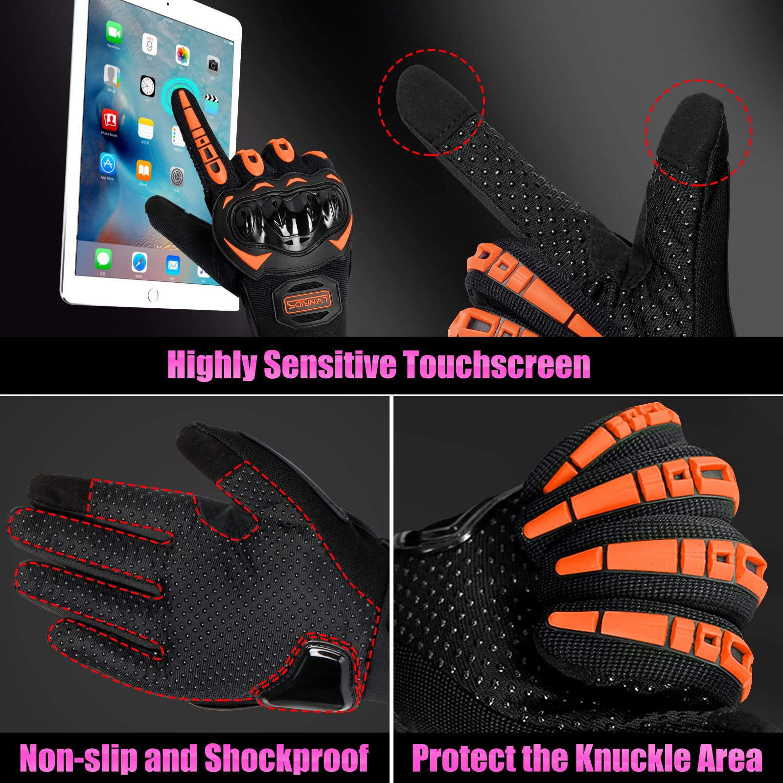 Lvnrids Motorcycle Gloves With Touchscreen Men And Women Racing Gloves For Motocross Bmx Atv Mtb Riding Cycling Orange L