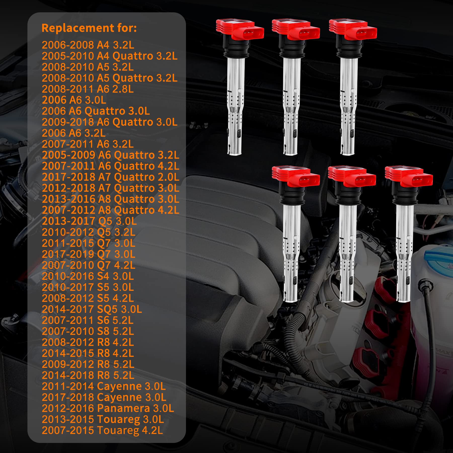 Ignition Coil Pack 6Pcs Compatible With Audi A4 A5 A6 Q5 Q7 R8 S4 S5 Volkswagen Touareg 3.0L 3.2L 4.2L 5.2L & More Replaces# 06E