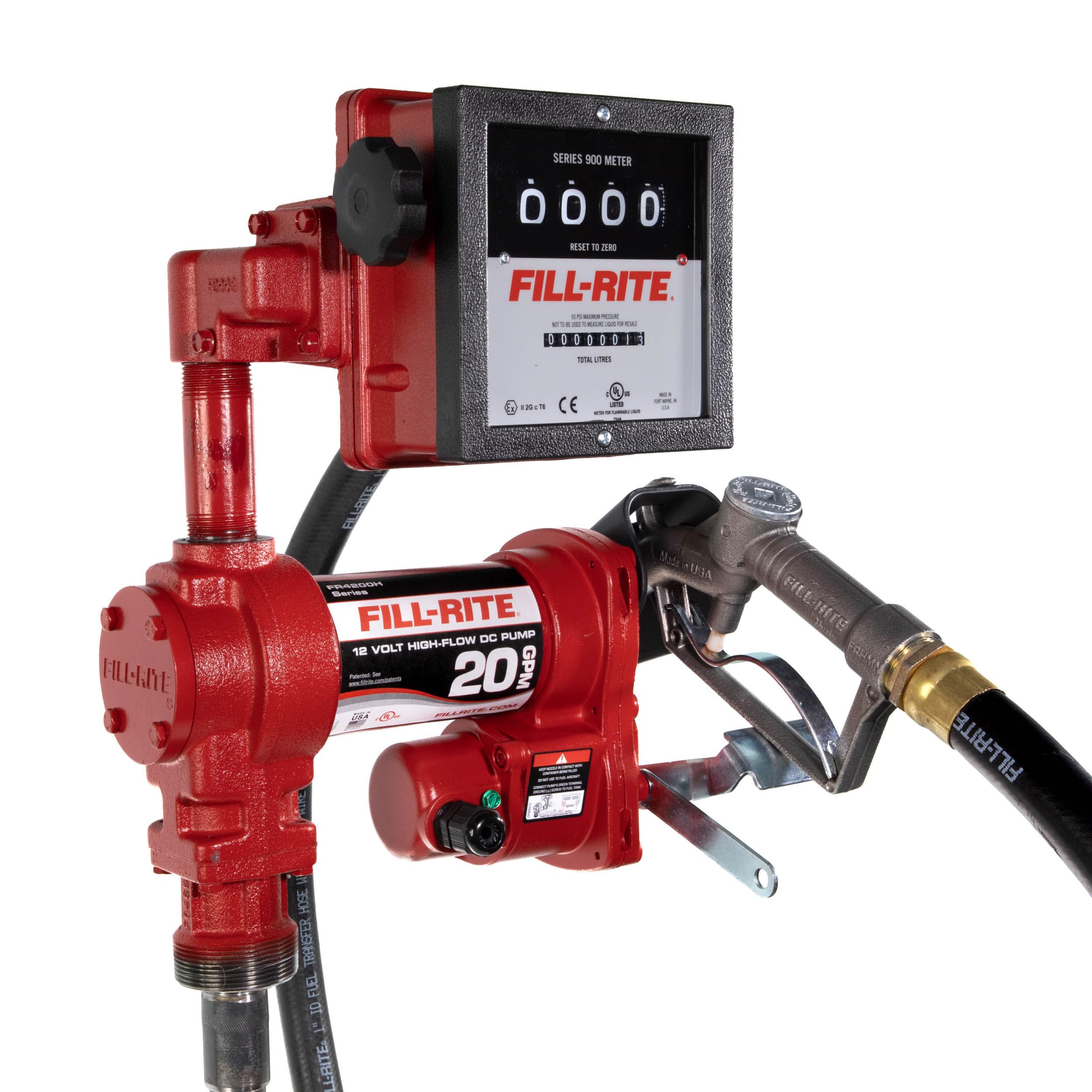Fill-Rite FR4211HL 12V 20 GPM Fuel Transfer Pump with Standard Mechanical Meter Package, Liters | Gasoline, Diesel, Kerosene, Et
