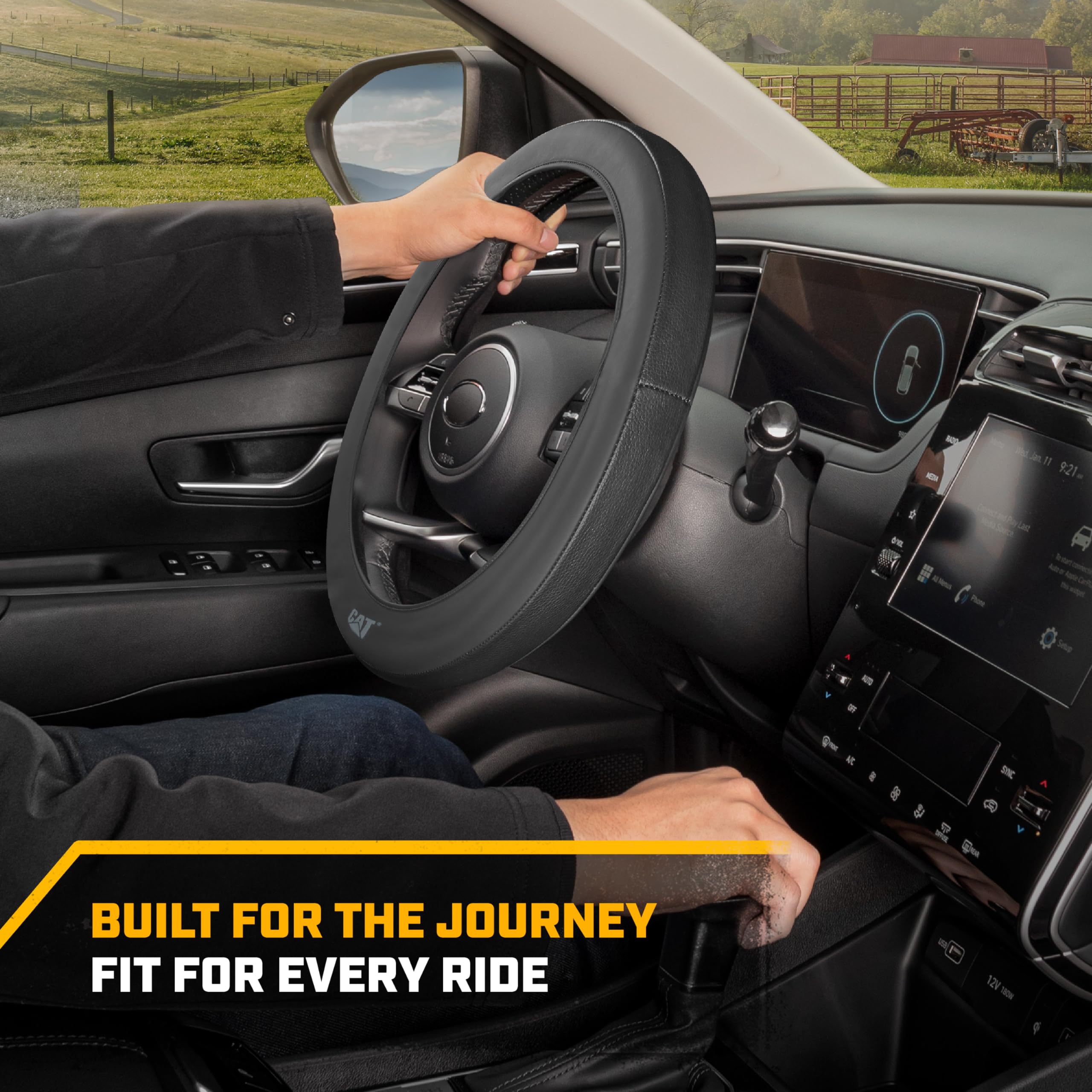 Cat Easywrap Faux Black Leather Steering Wheel Cover, Standard 15 Inch Size, Durable And Comfortable Self Wrapping Car Steering