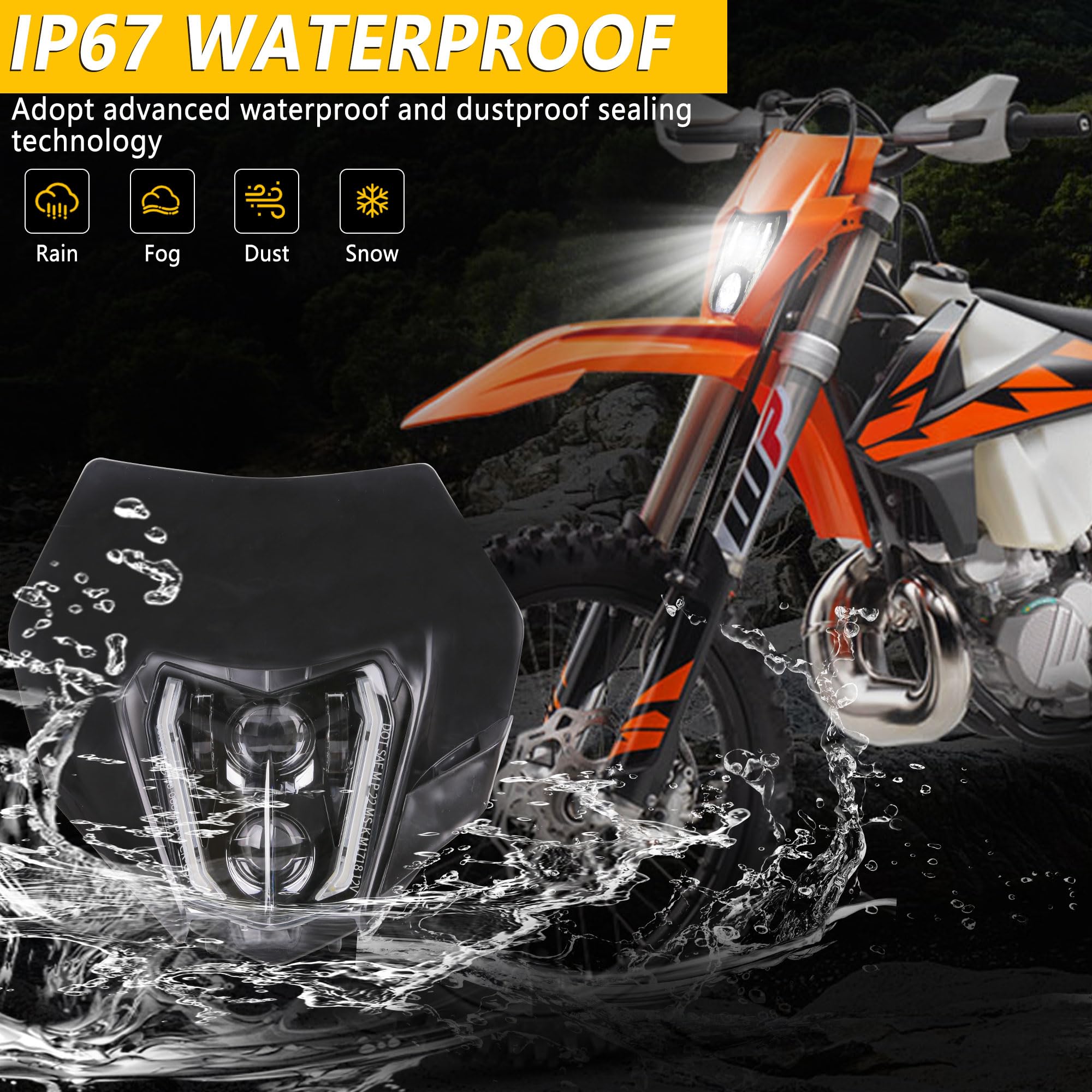 RAMJET4X4 LED Motorcycle Headlight Dirt Bike DRL Headlamp with Bezel Compatible With Motocross Pit Bike Enduro ATV Supermoto 150