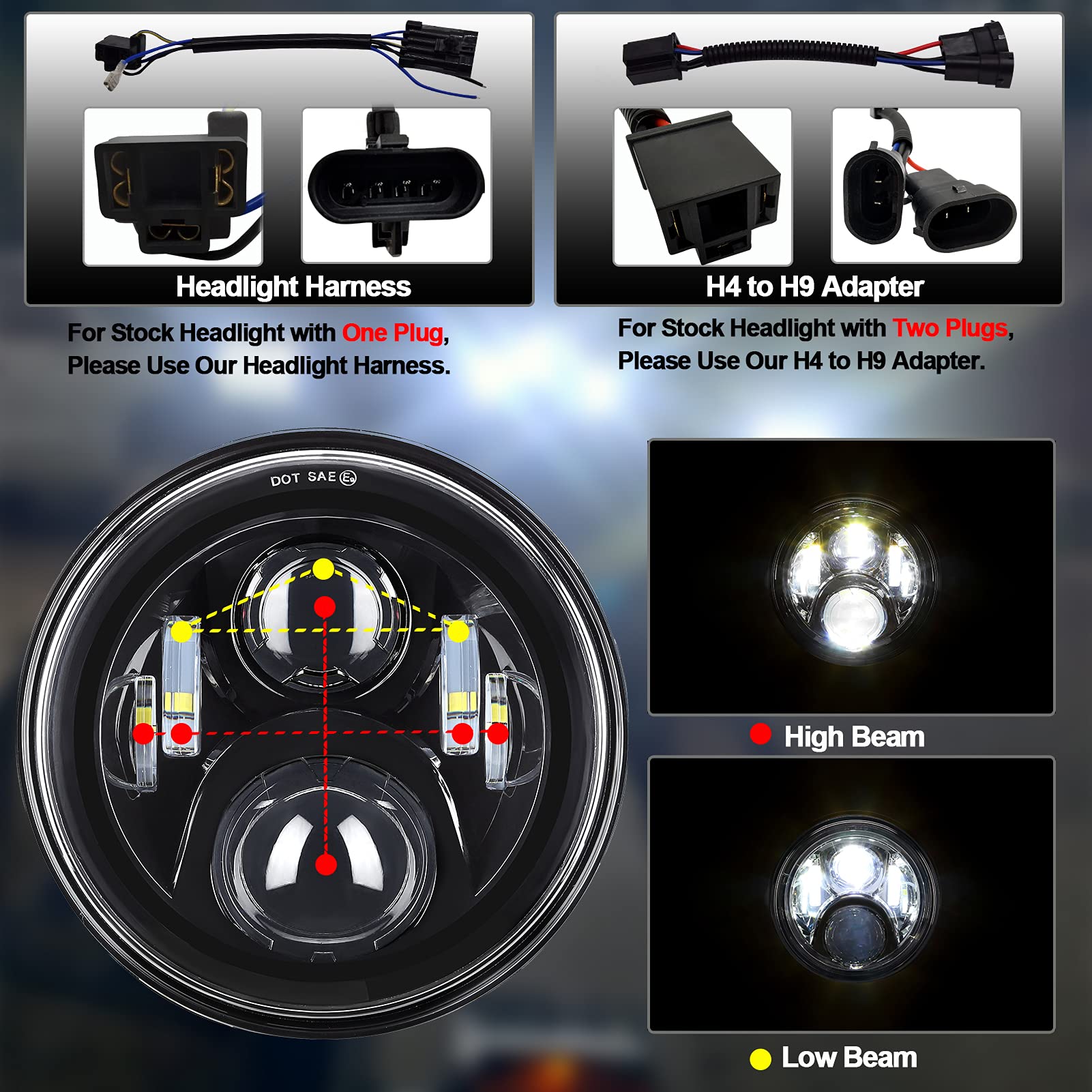 Alyoned 7 Inch Motorcycle Led Headlight 4.5'' Fog Passing Lights Dot Kit Compatible With Harley Davidson Fat Boy Street Glide He