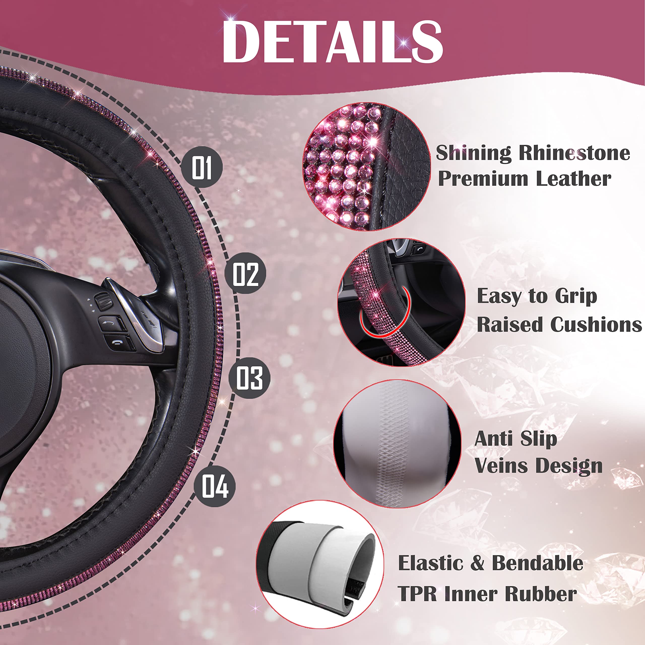 Car Pass Bling Diamond Leather Steering Wheel Cover, Bling Sparkly Crystal Glitter Rhinestones Universal Fit 14'' 1/2-15'' Car W