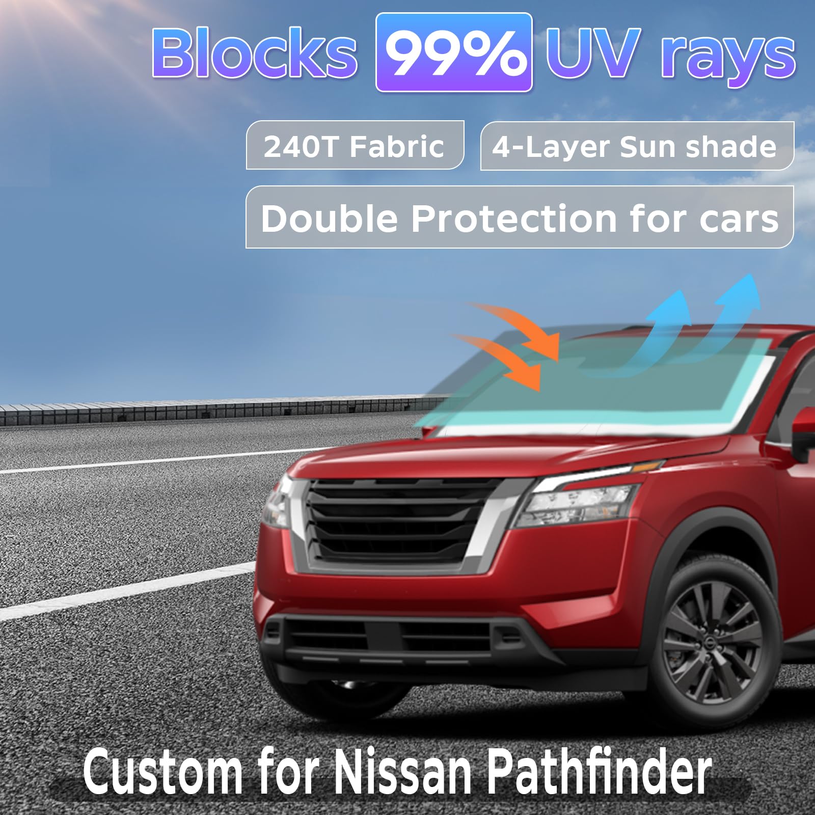 Sun Shade Sunshade For Nissan Pathfinder 2022-2024 2025 Windshield Cover, 2-Layers Sun Shield 240T Silver Sun Visor Foldable Win