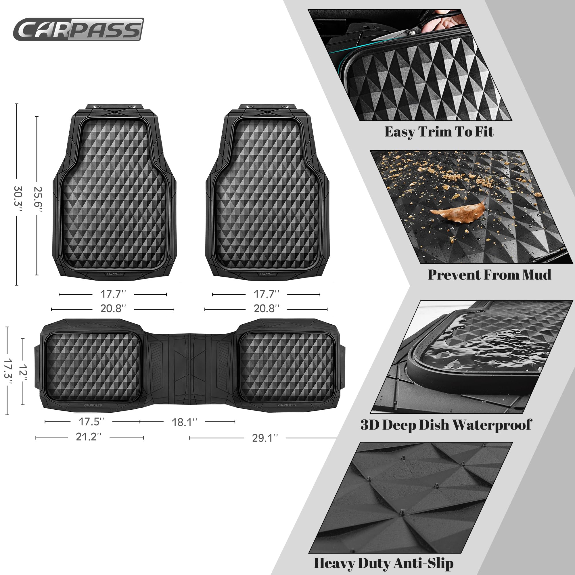 Car Pass 3 Row Heavy Duty Rubber Car Mats, Deep-Dish All-Weather For 7 Seats 8 Seater 2Nd & 3Rd Floor Mats Waterproof Universal