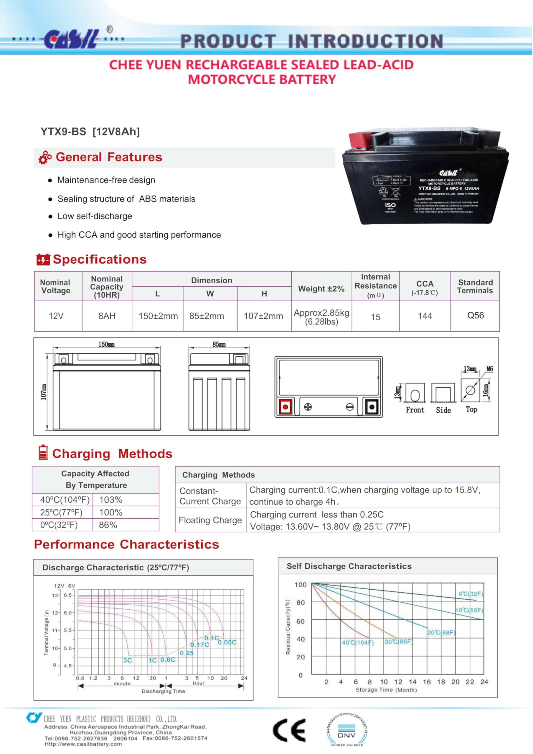 Ytx9-Bs - 12V 8Ah 135 Cca - Sla Power Sport Battery Lead_Acid_Battery - Casil Battery