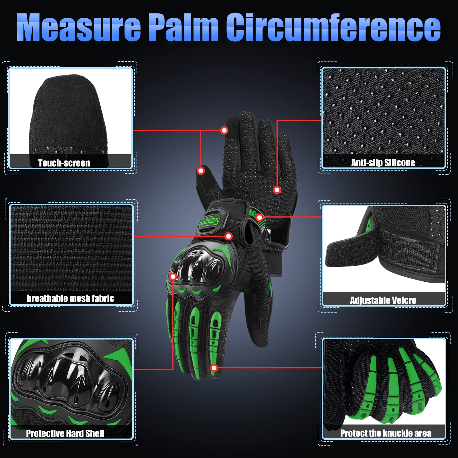 Lvnrids Motorcycle Gloves With Touchscreen Men And Women Racing Gloves For Motocross Bmx Atv Mtb Riding Cycling Green Xl