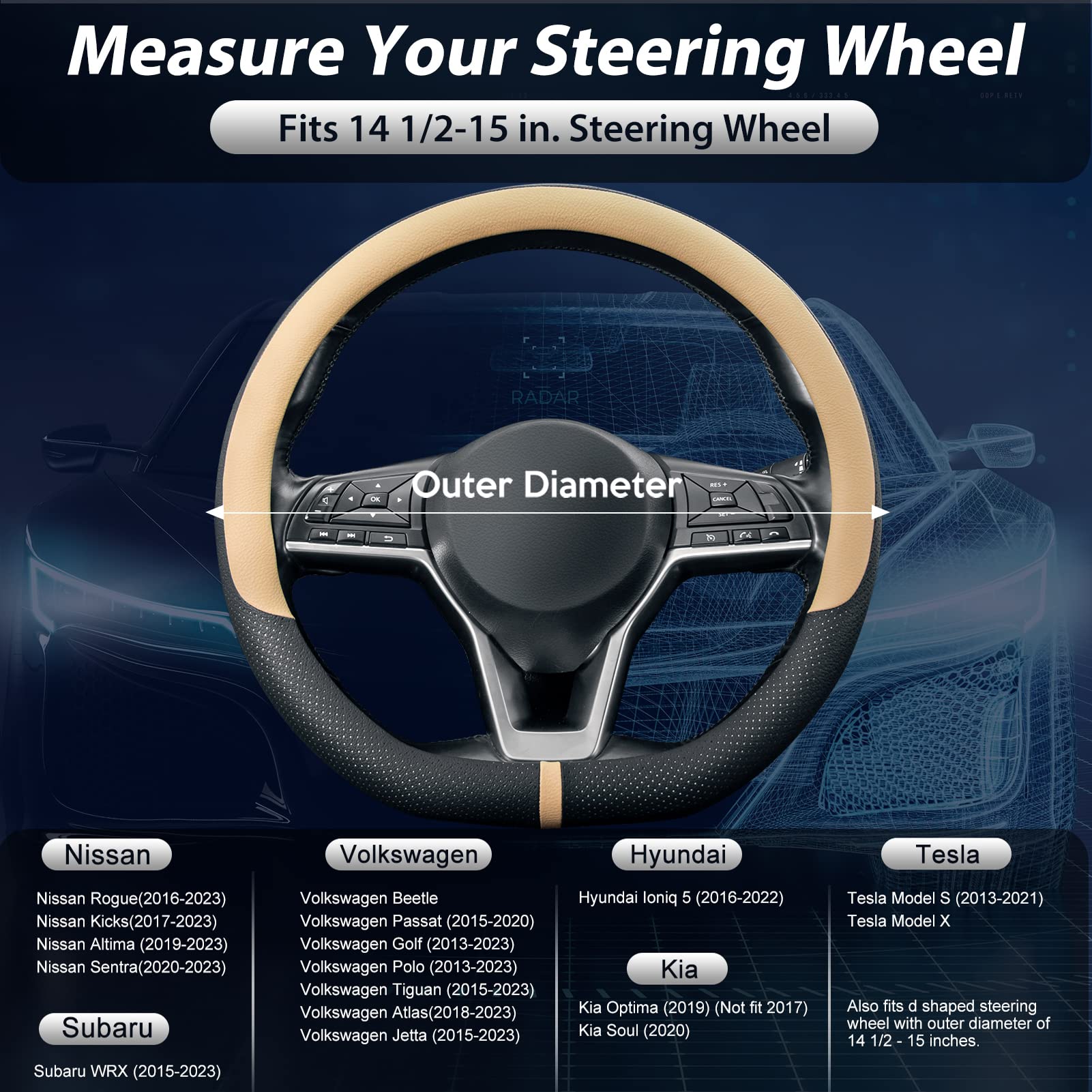Seg Direct Flat Bottom Steering Wheel Cover Breathable, D Shaped Car Wheel Cover 14 1/2-15 In. (37-39 Cm), Black Beige Microfibe