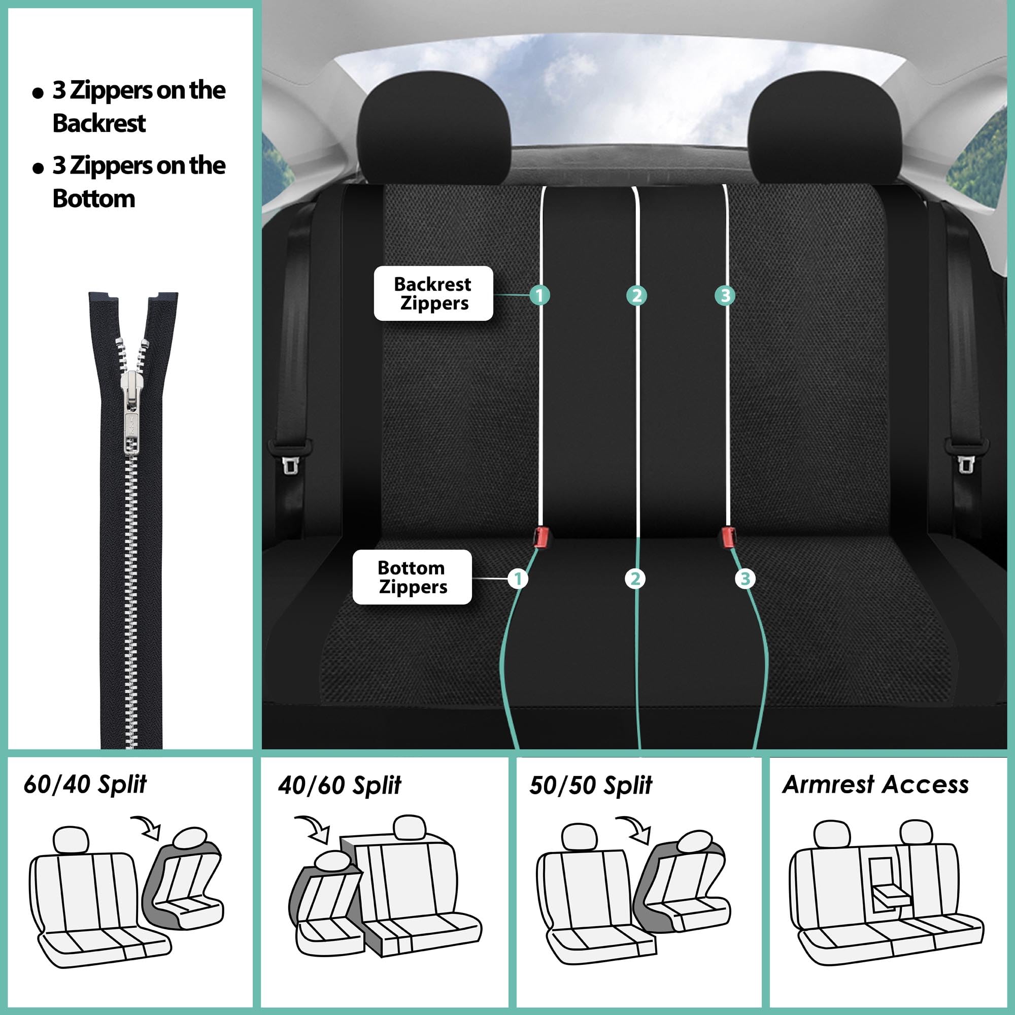 Fh Group Automotive Seat Cover Universal Fit Rear Seat Cover Sports Solid Black Seat Cover For Back Seat Split Bench Car Seat Pr