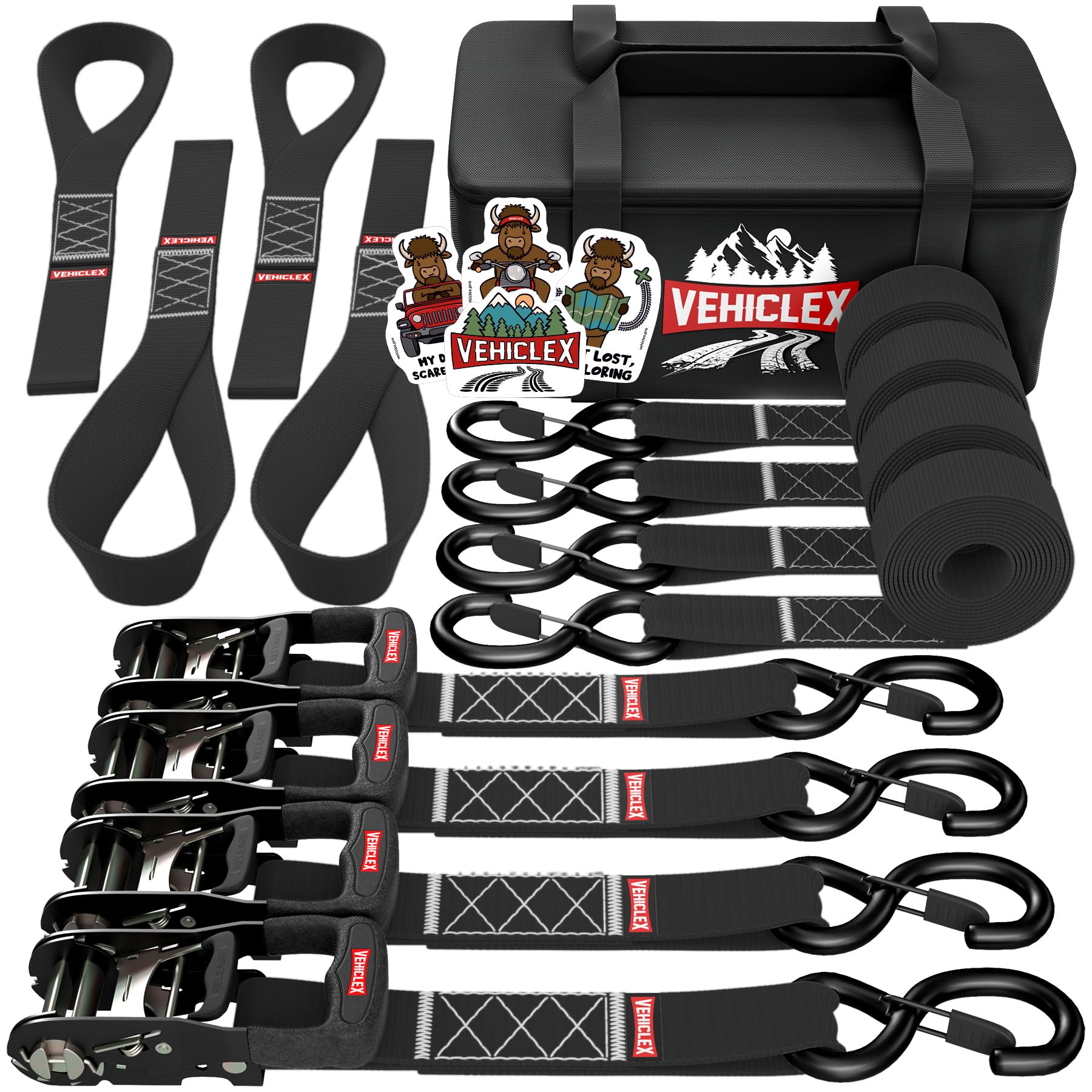 Motorcycle Ratchet Tie Down Straps With Soft Loops - Vehiclex 4Pk Heavy Duty 1.5' X 8Ft Kit, 4,400 Lb Breaking Strength For Powersports, Black