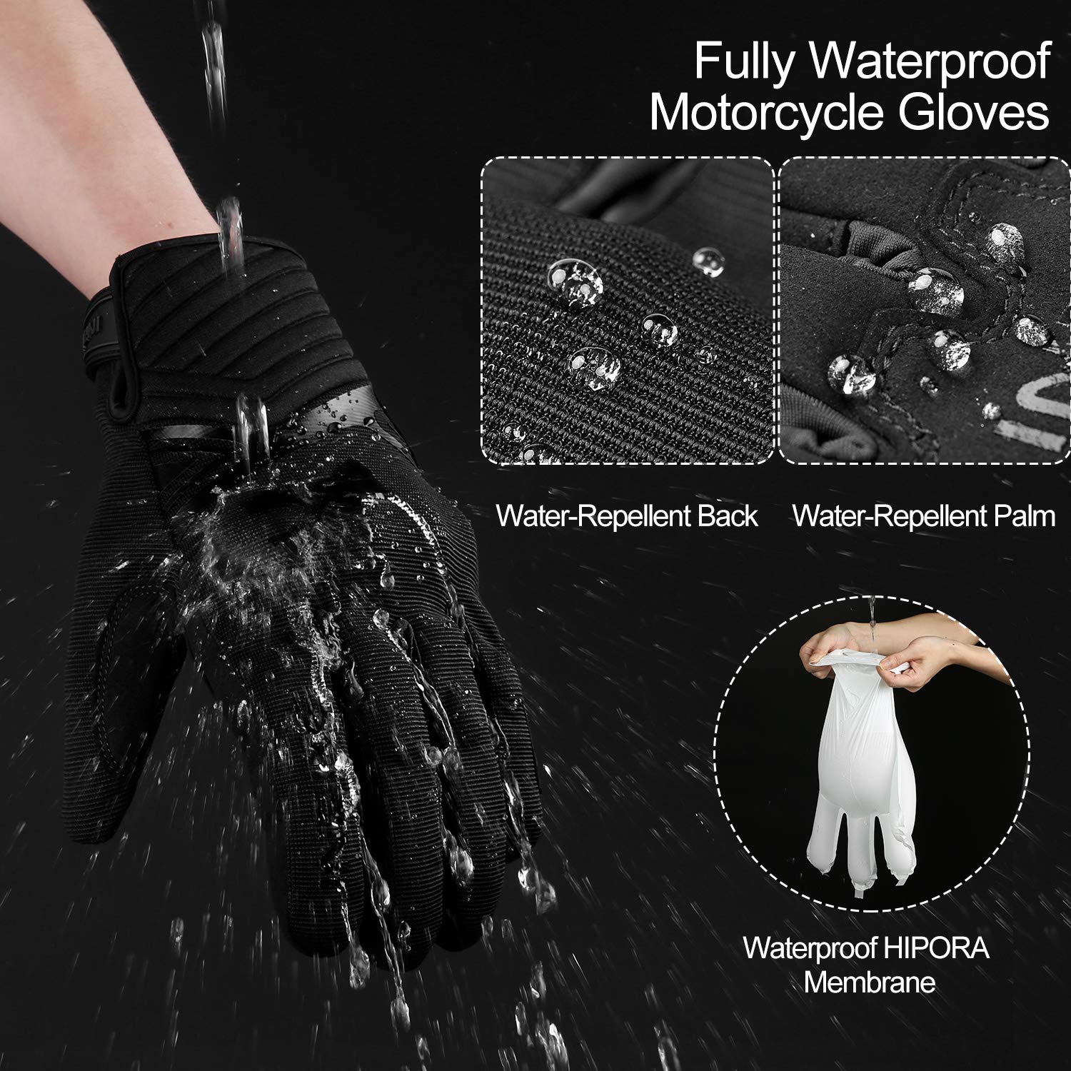 Inbike Waterproof Winter Motorcycle Gloves Thermal Fleece Touchscreen With Tpr Palm Pad Cushioning Hard Knuckle Black Medium