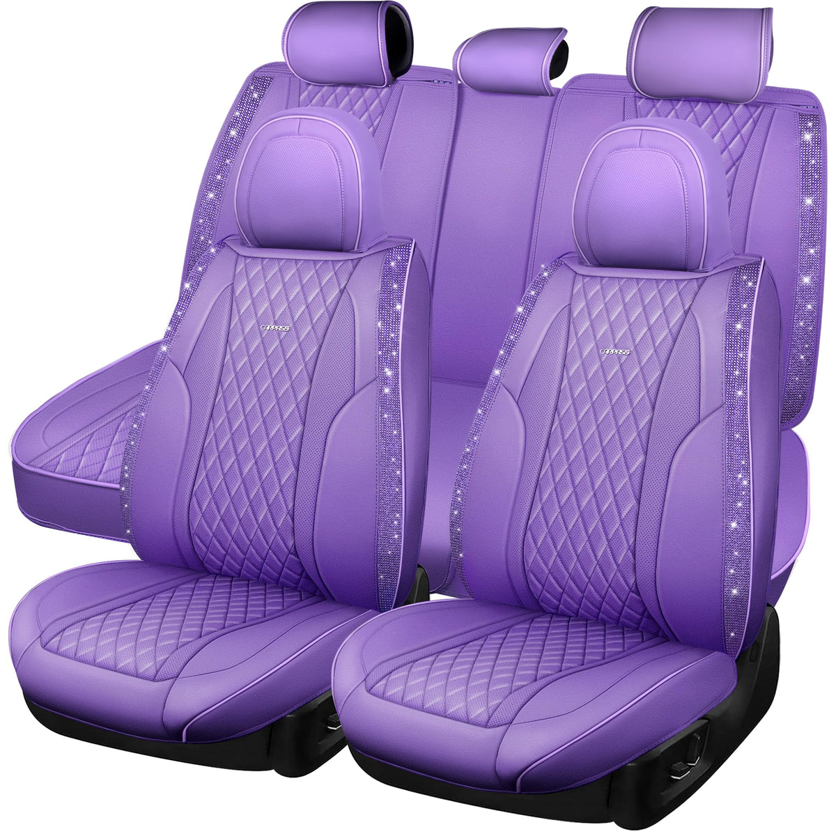 Car Pass Bling Purple Diamond Car Seat Covers & Violet Nappa Leather Calfskin Seat Cushioned Protector, Waterproof Anti-Slip Uni