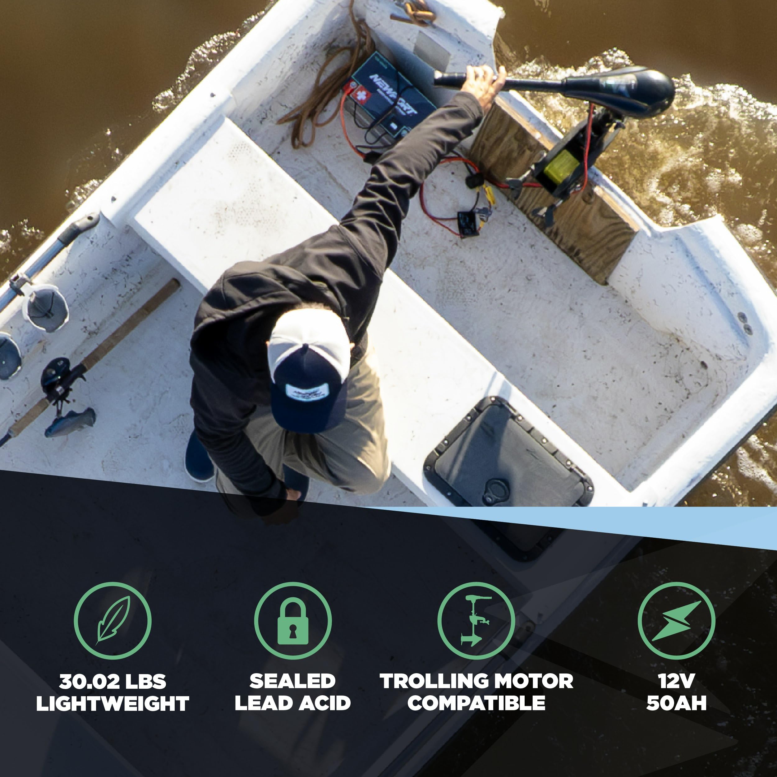 Newport 12V50Ah Deep Cycle Heavy-Duty Marine Battery, Lightweight & Sealed Agm, Trolling Motor Compatible